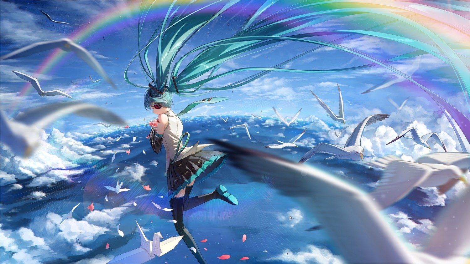 Hatsune Miku flying with birds under a rainbow HD Wallpaper