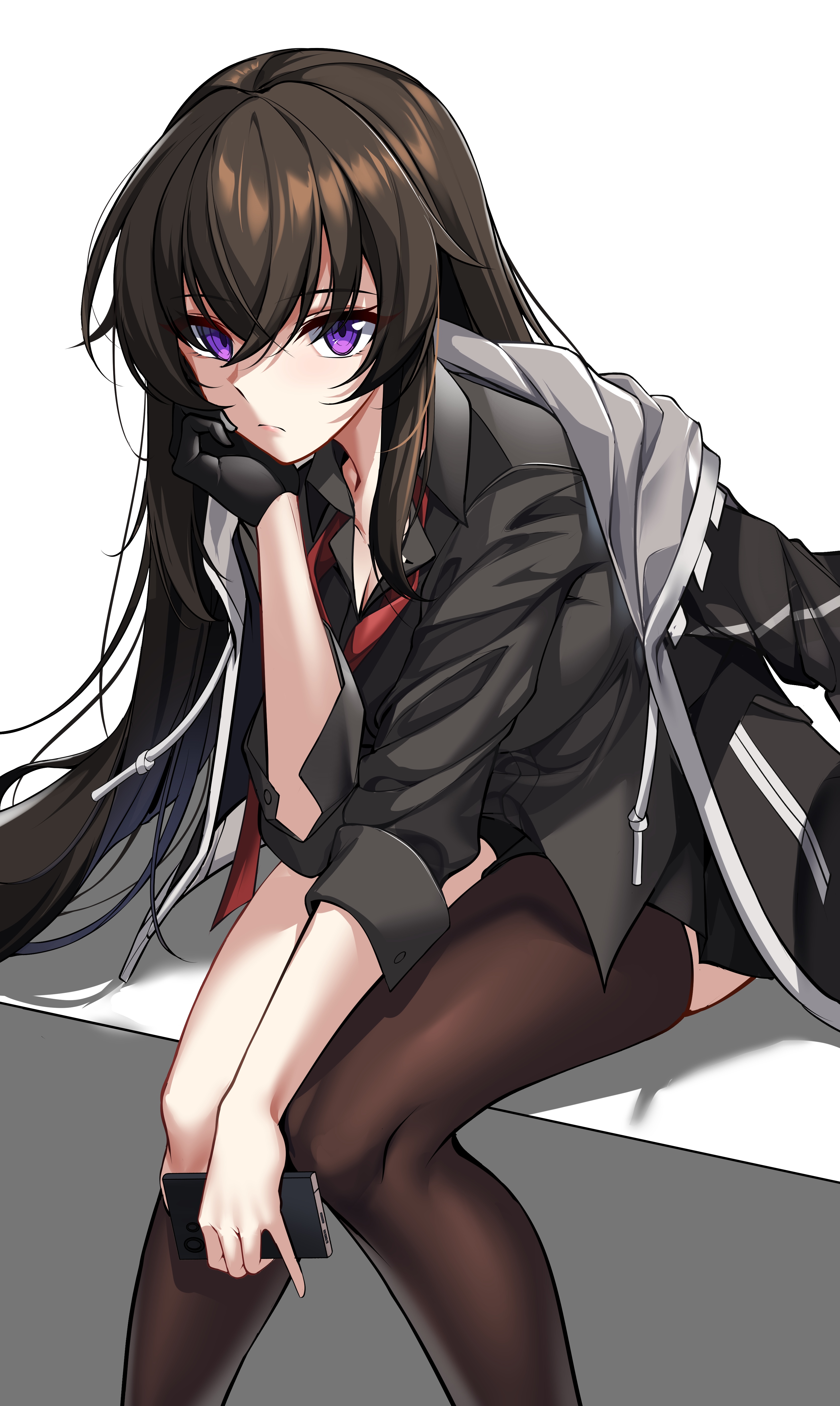 Elze with purple eyes and black hair holding a phone HD Phone Wallpaper