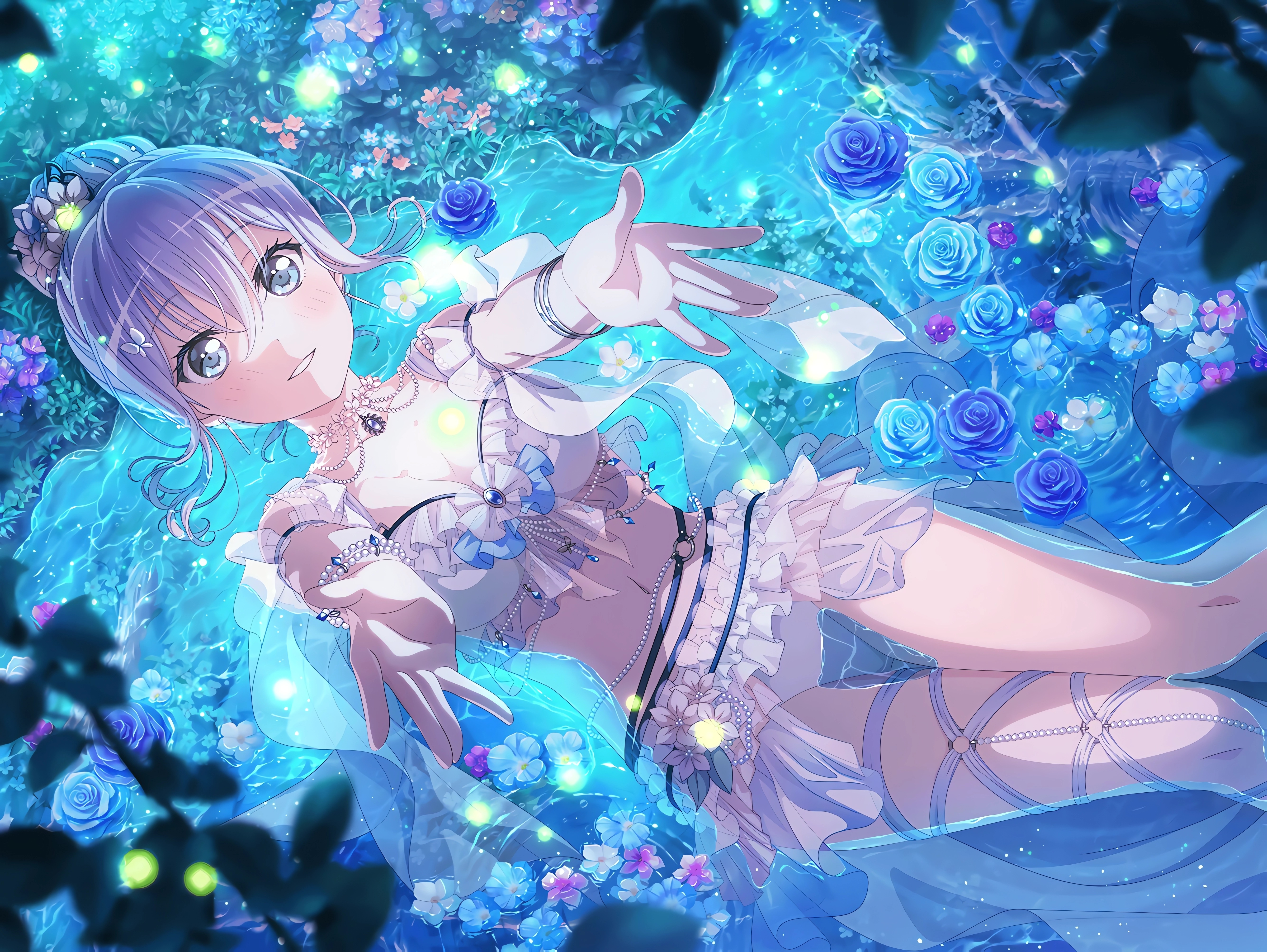 4K BanG Dream! Mashiro Kurata in Water with Flowers HD Wallpaper