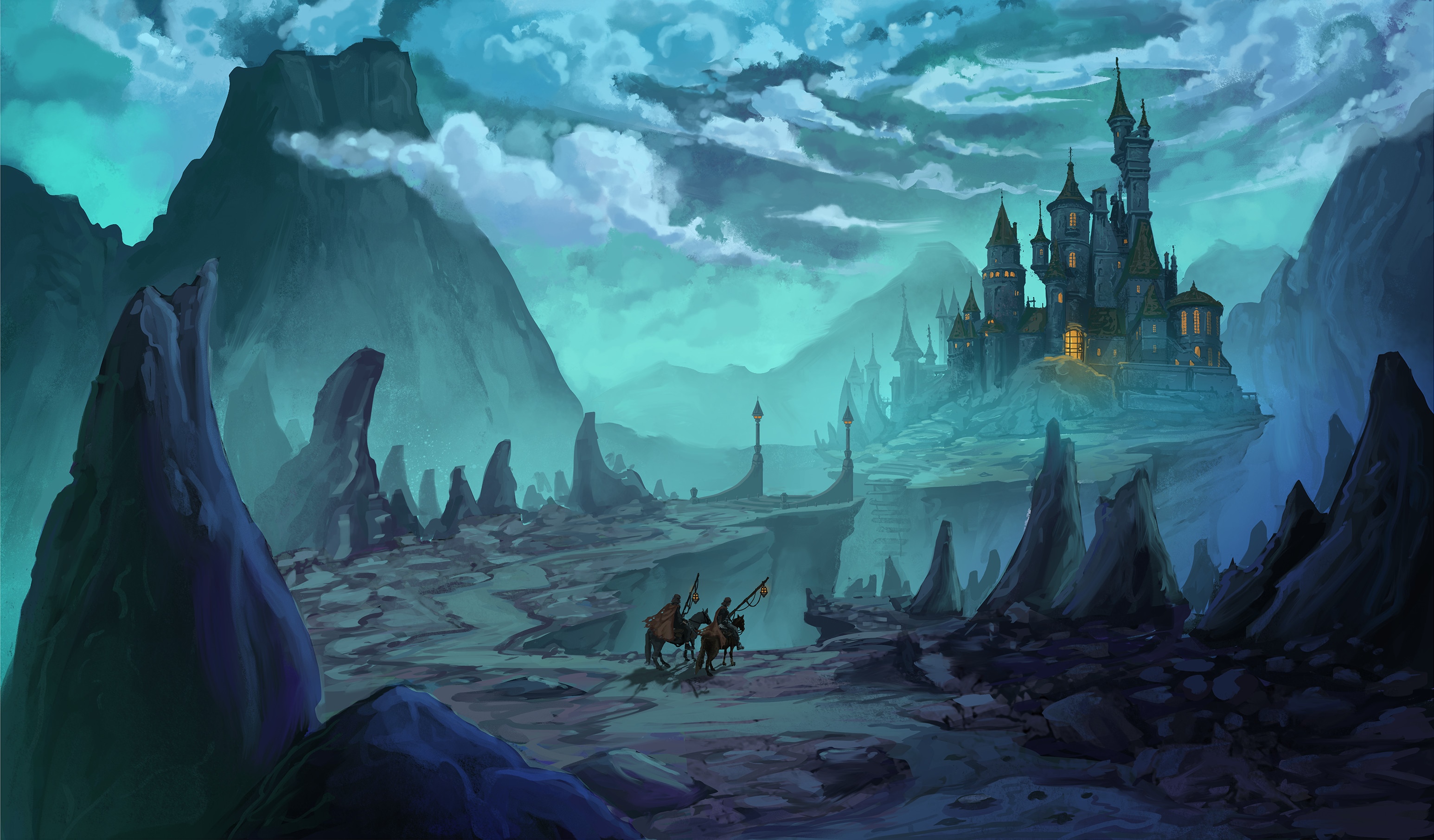 Fantasy castle on a rocky mountain landscape with riders HD Wallpaper