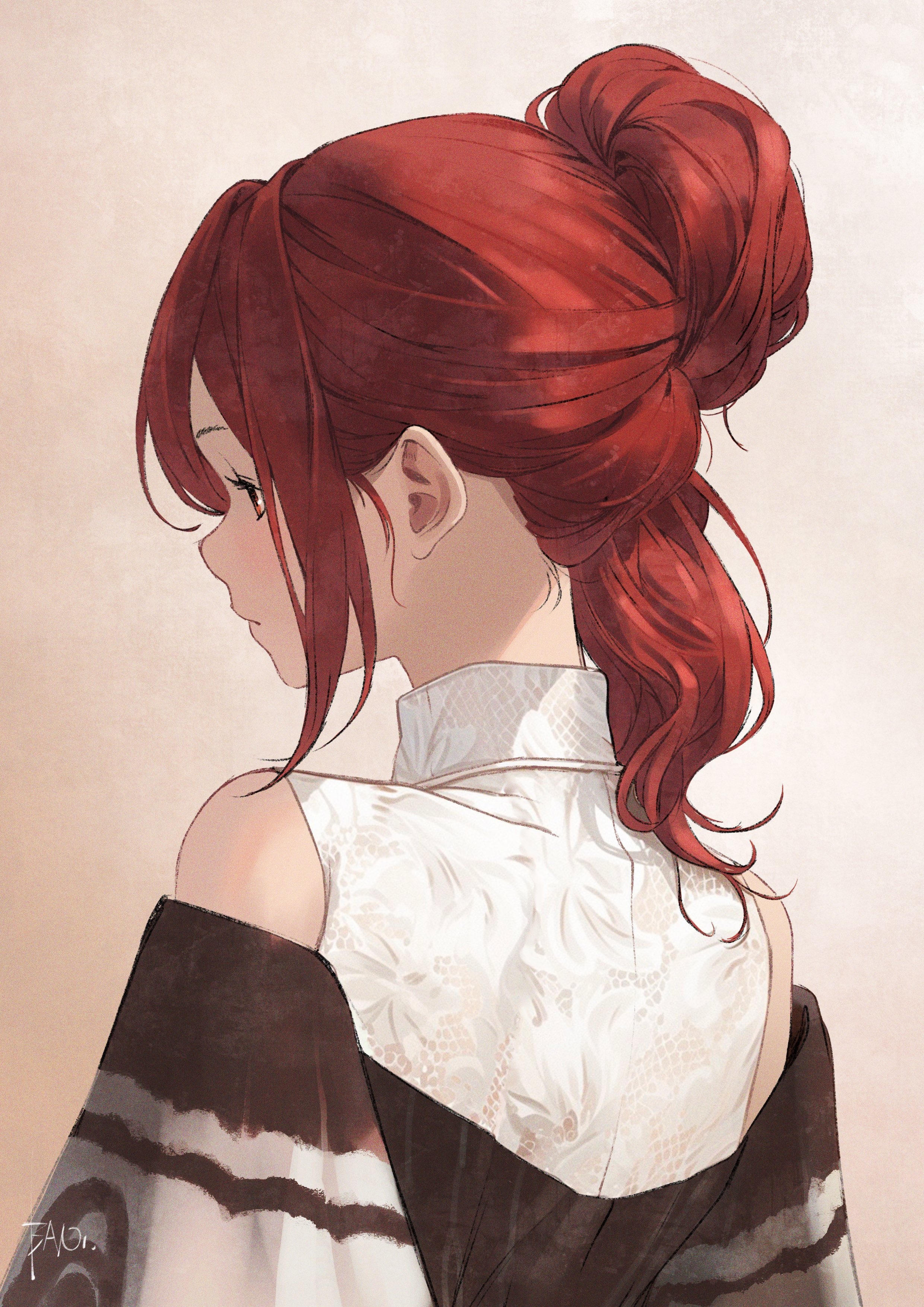 Anime girl with red hair in a bun HD Phone Wallpaper