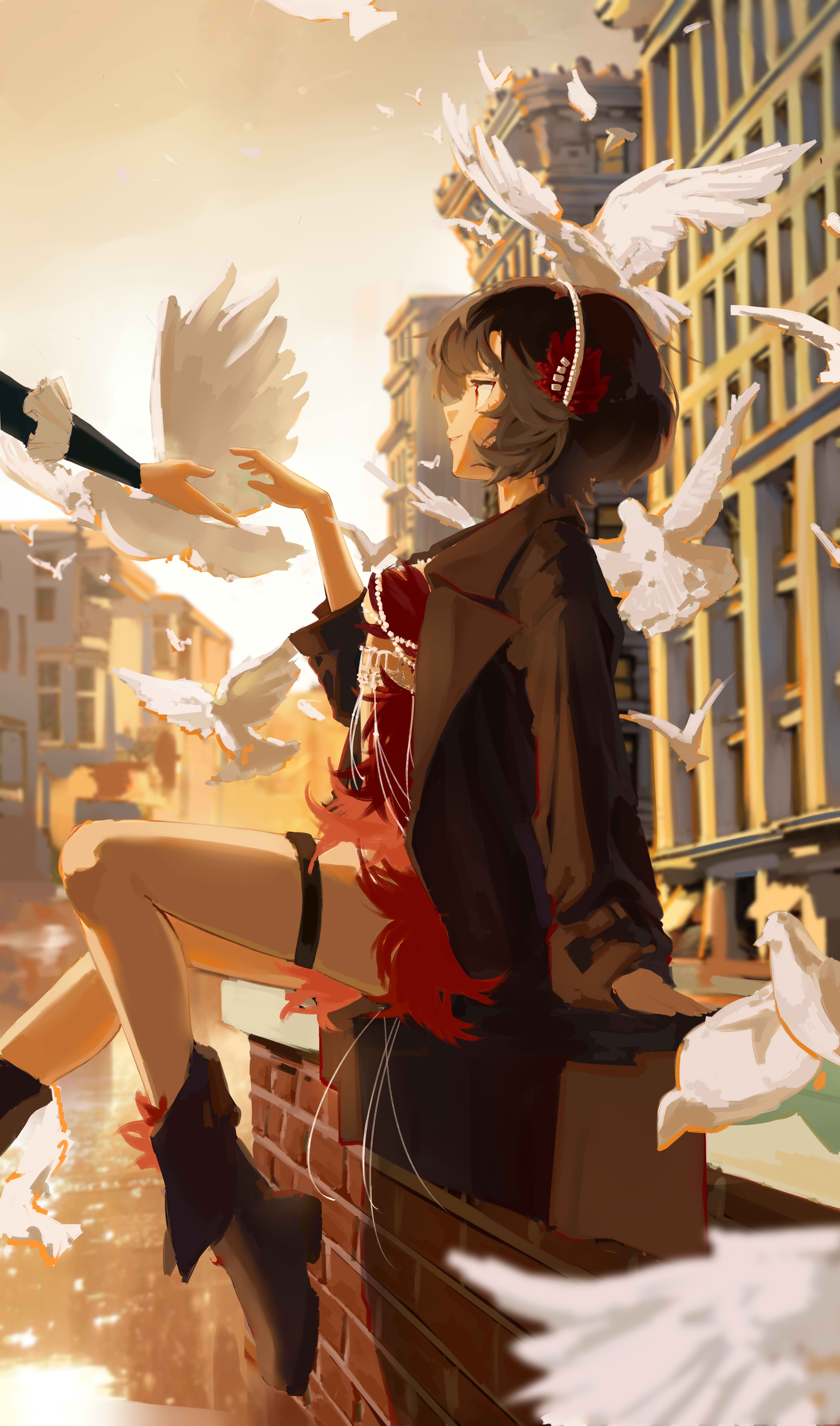 Reverse:1999 girl with birds in city HD Phone Wallpaper