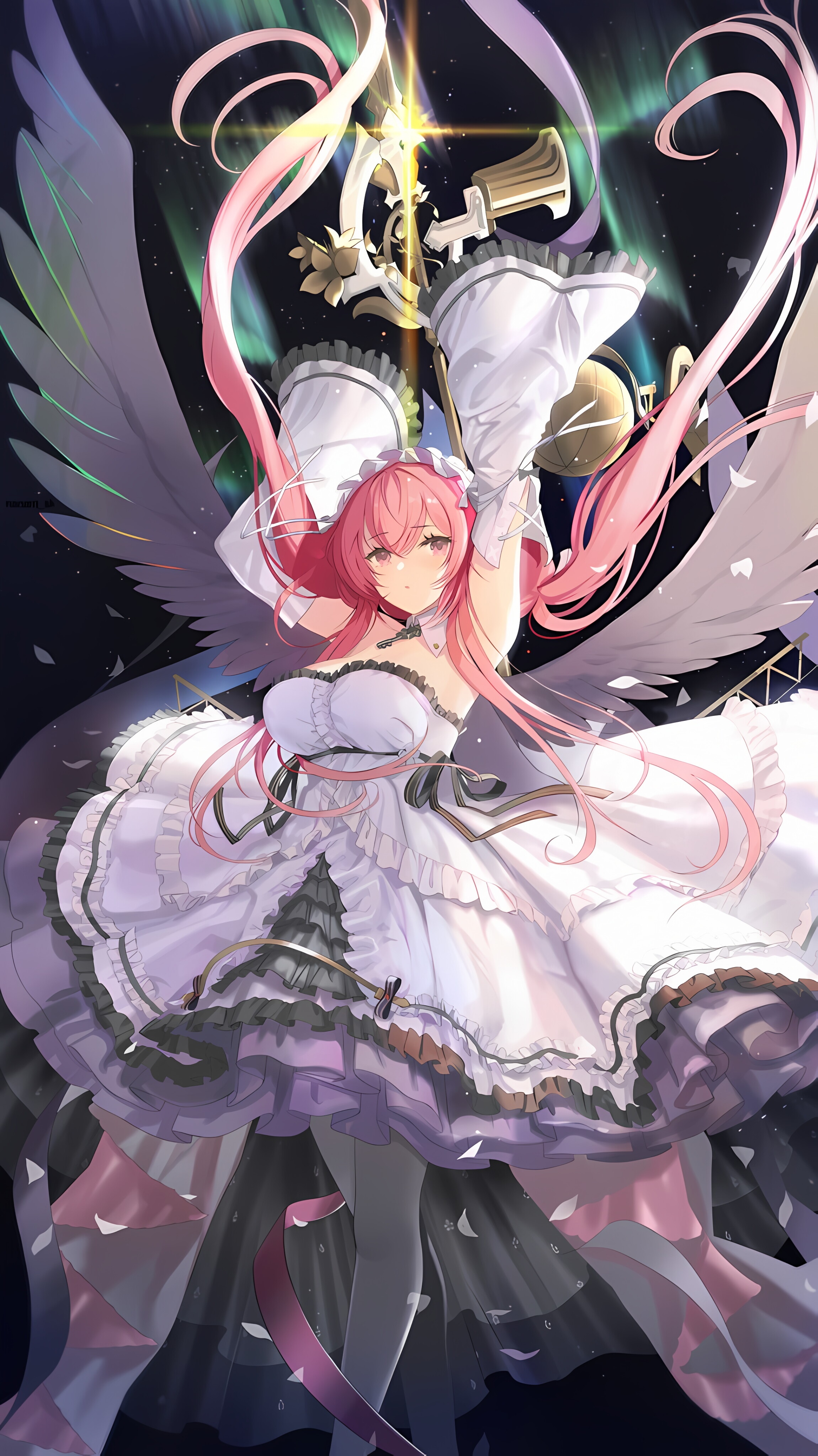 Anime girl with pink hair and wings in a white dress HD Phone Wallpaper