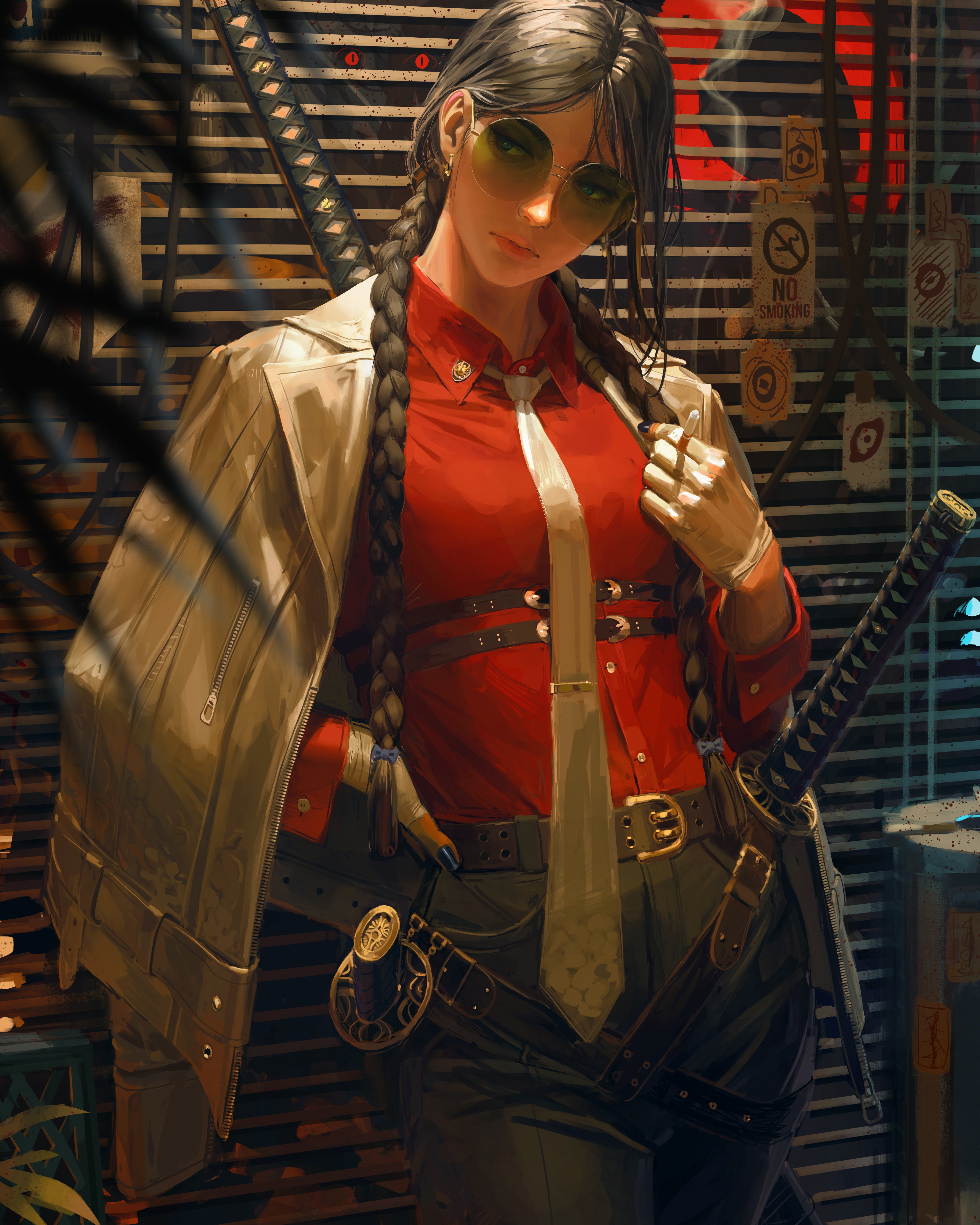 Woman with Katana and Sunglasses by GUWEIZ HD Phone Wallpaper
