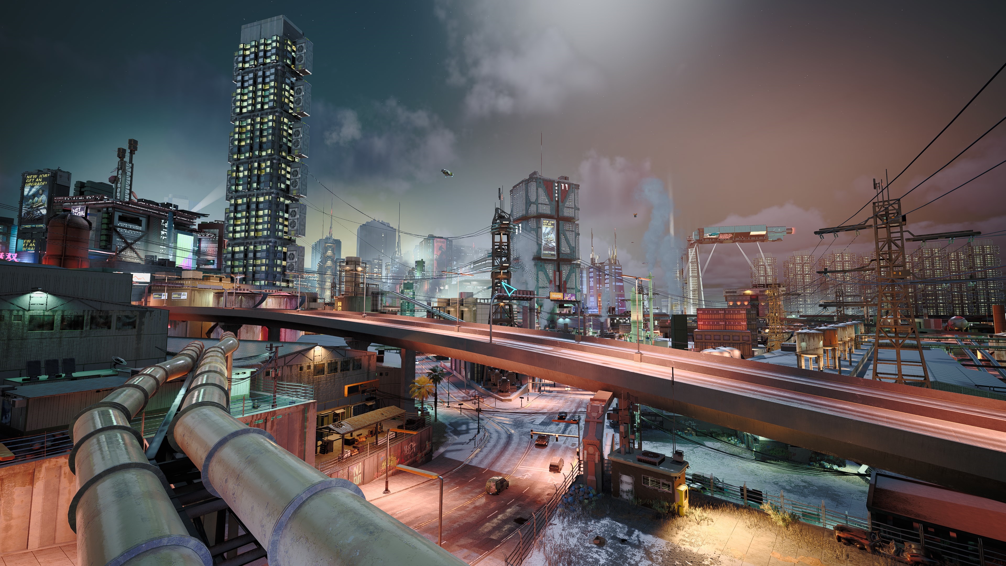 Cyberpunk 2077 Cityscape with Elevated Road and Pipes HD Wallpaper