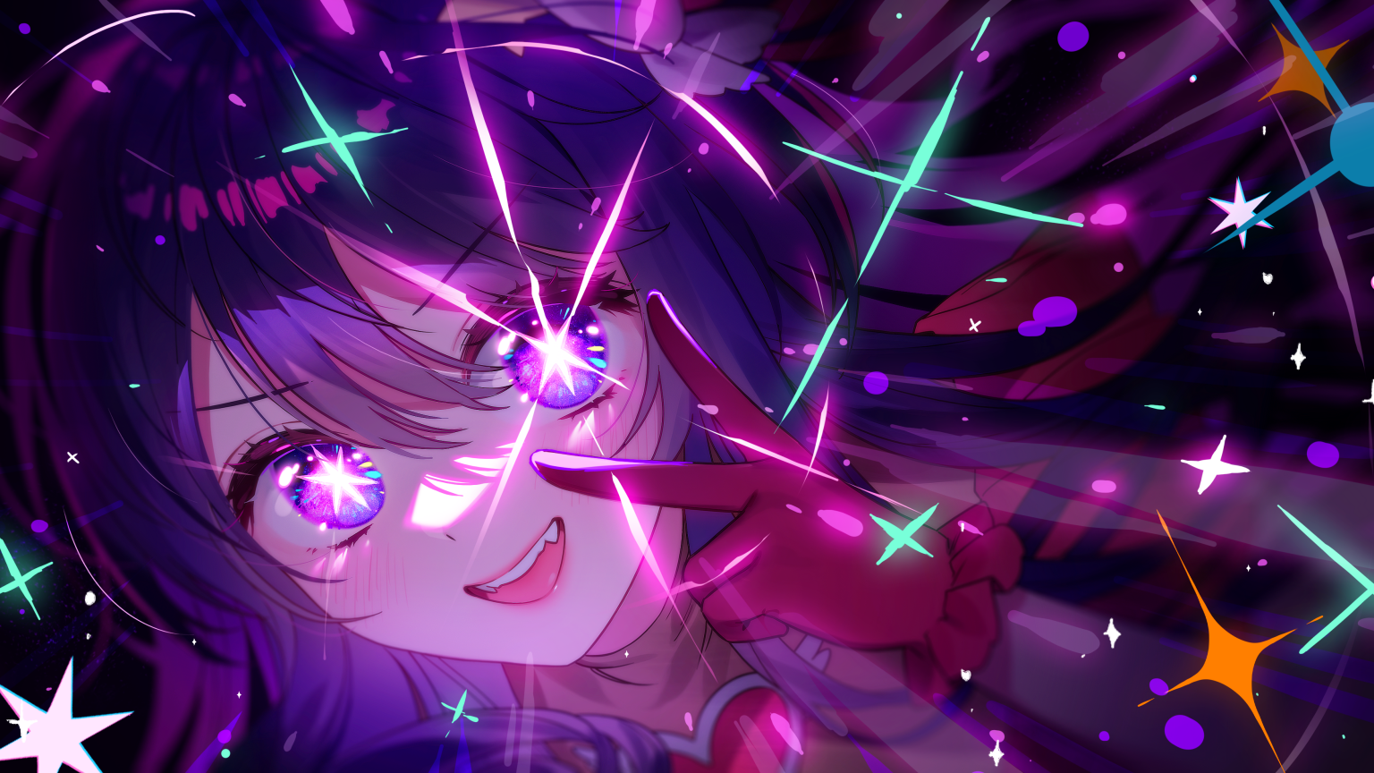 Hoshino Ai smiling with purple star eyes and gloves HD Wallpaper