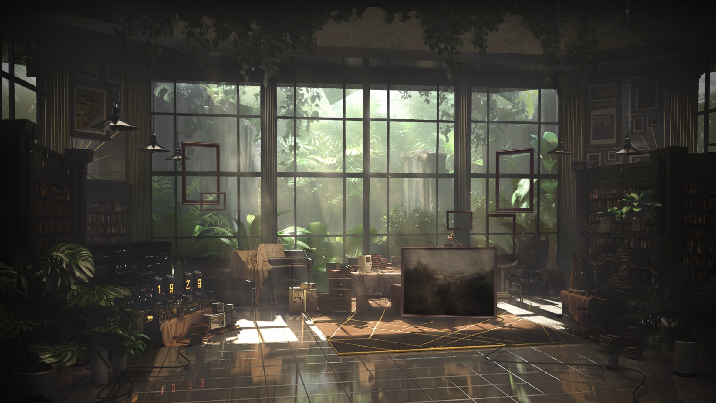 Sunlit room with plants and vintage electronics HD Wallpaper