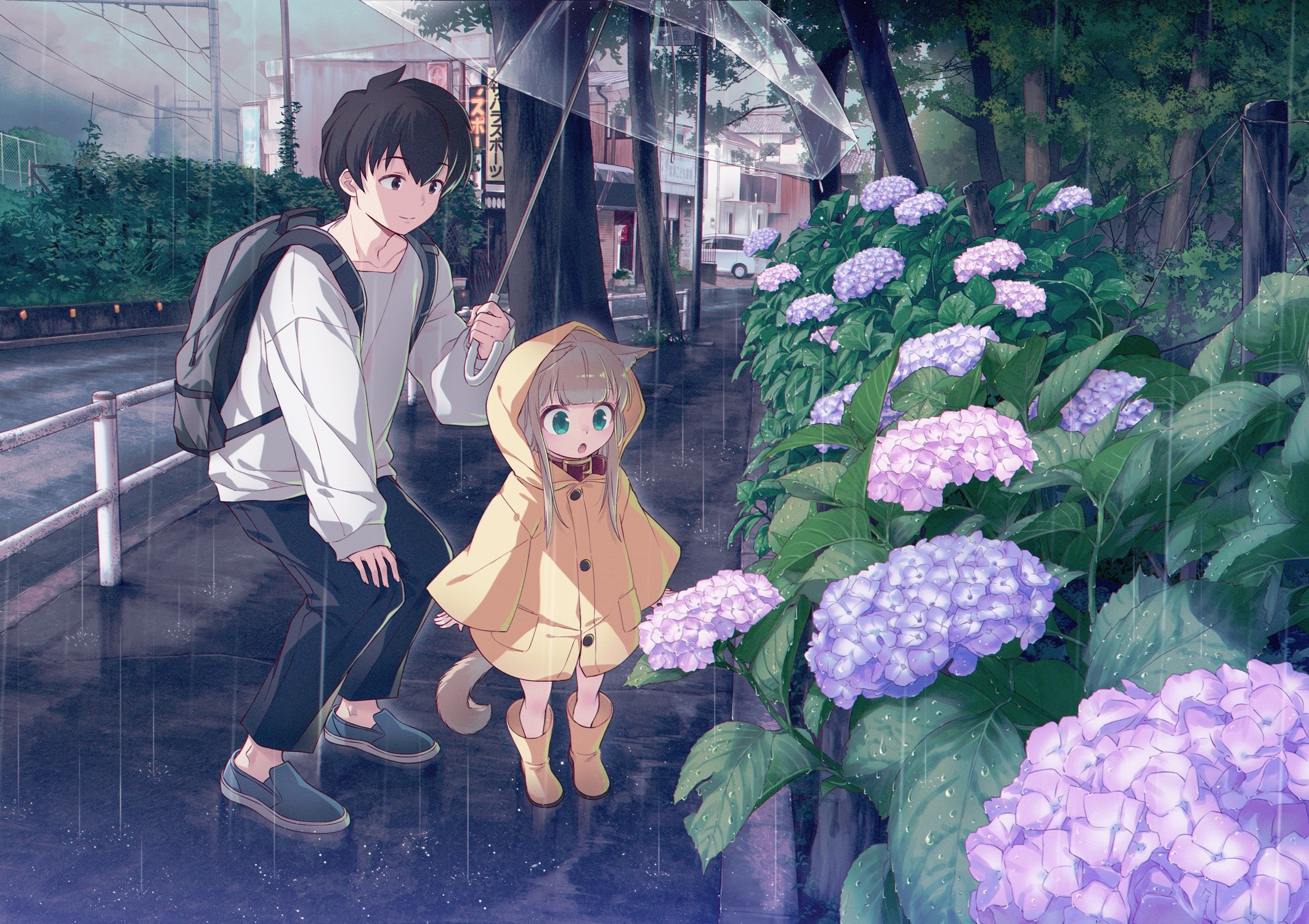 Cat girl and boy under umbrella in rain with hydrangeas HD Wallpaper