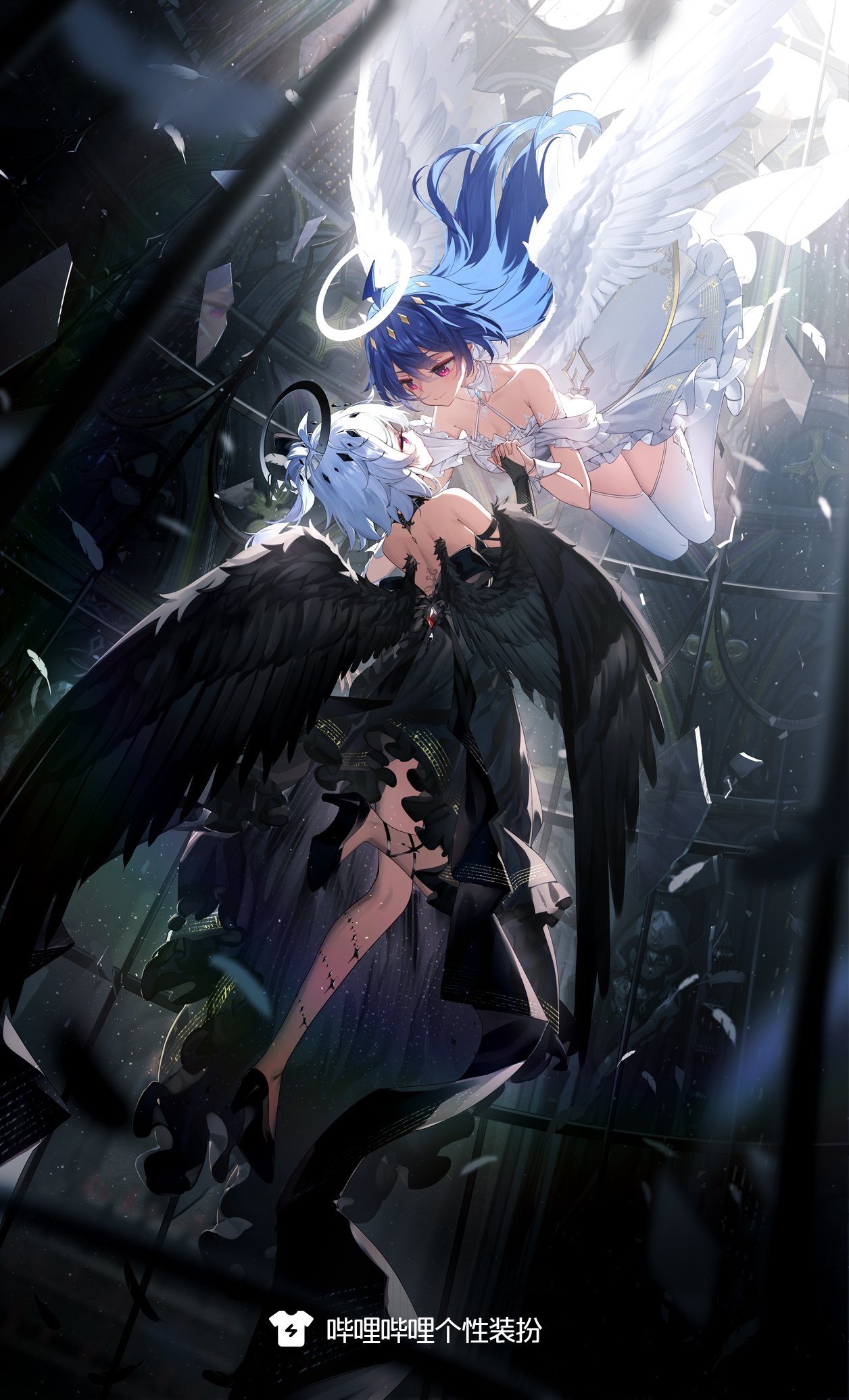Two anime girls with wings, one with black wings and one with white wings HD Phone Wallpaper