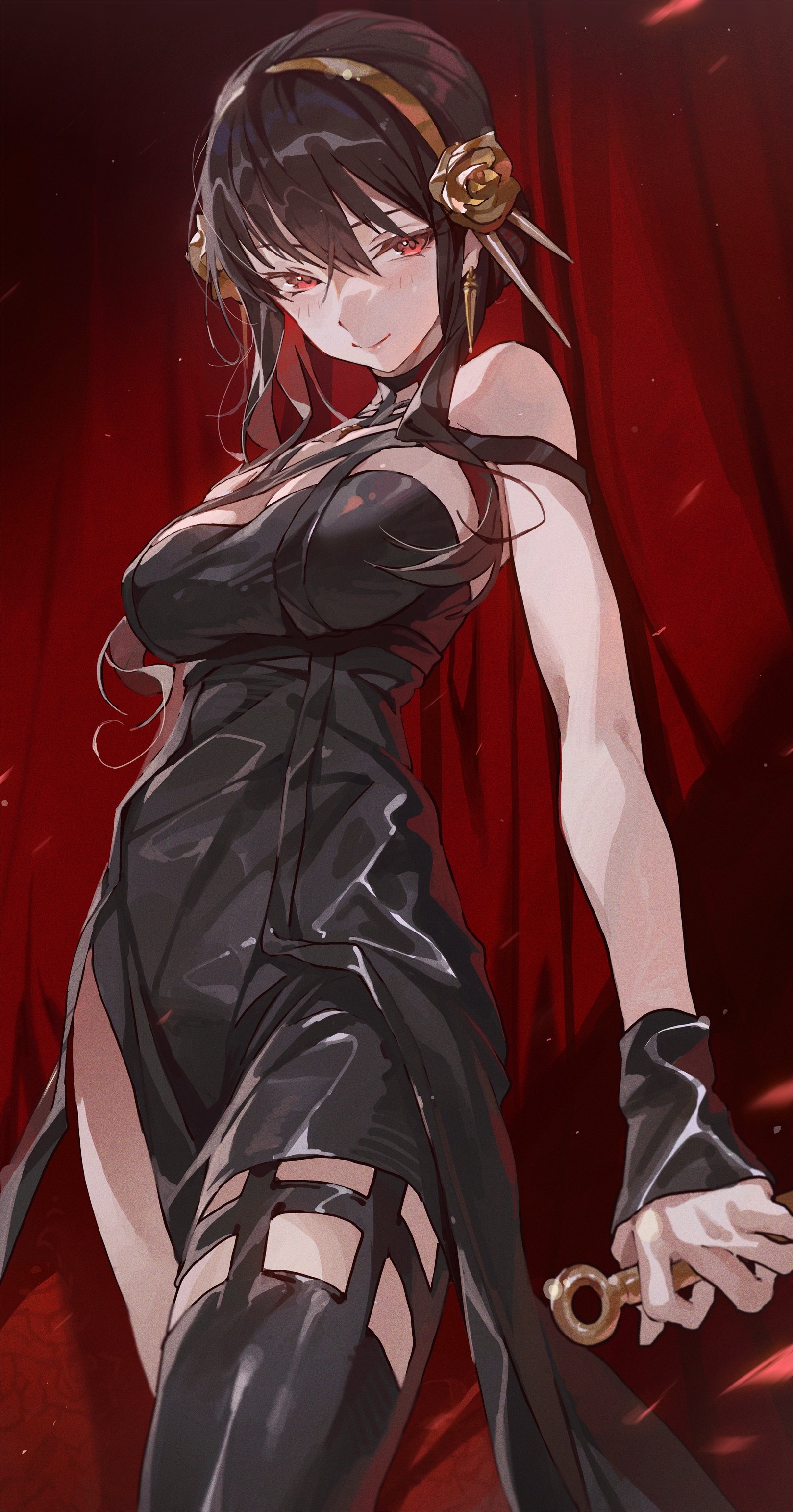 Yor Forger in a black dress with red eyes HD Phone Wallpaper
