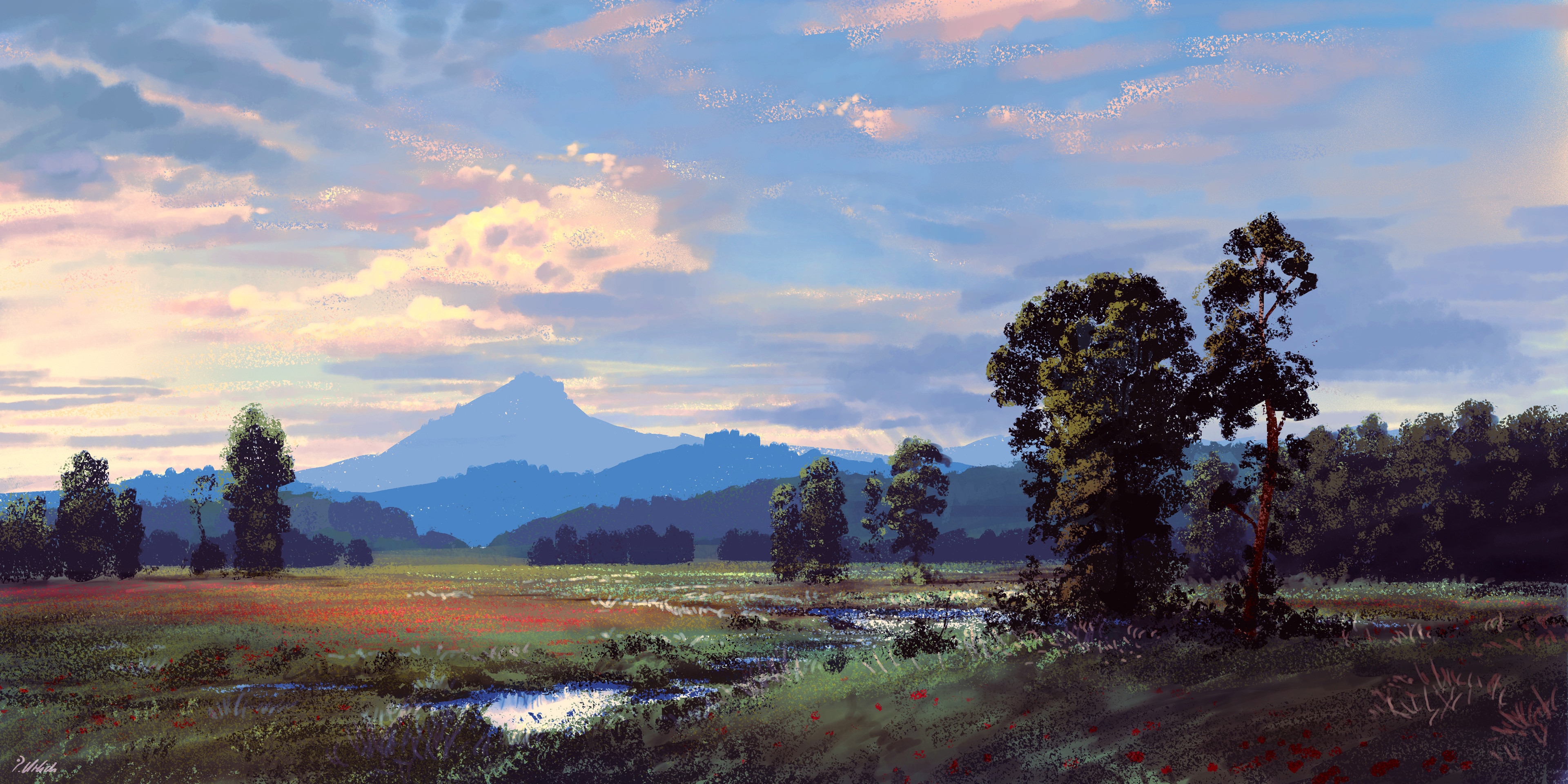 4K landscape with mountains, clouds, and trees HD Wallpaper