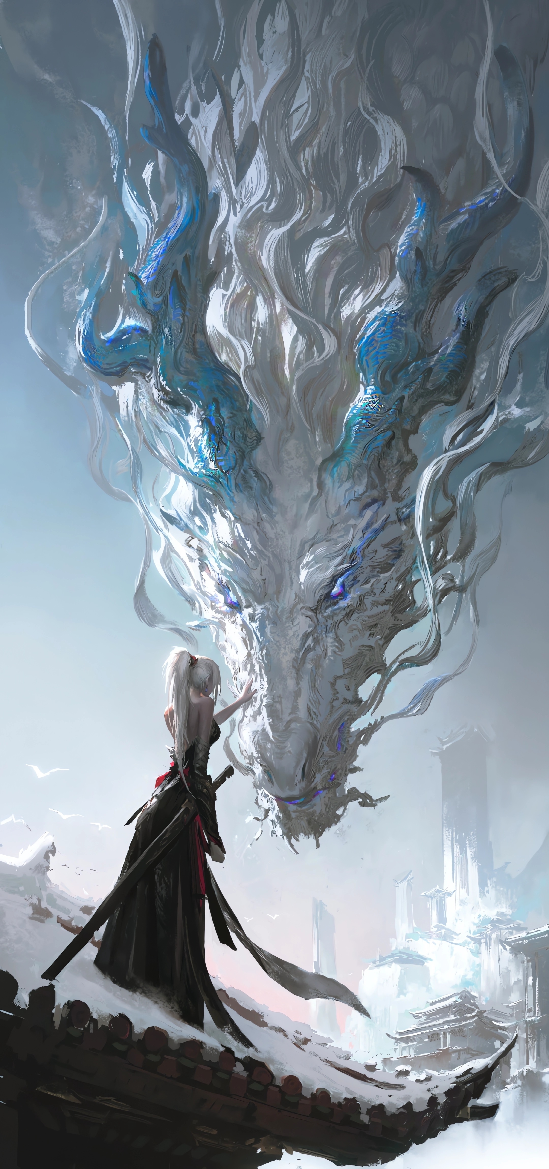 Girl with Sword and White Dragon in Snowy Landscape HD Phone Wallpaper