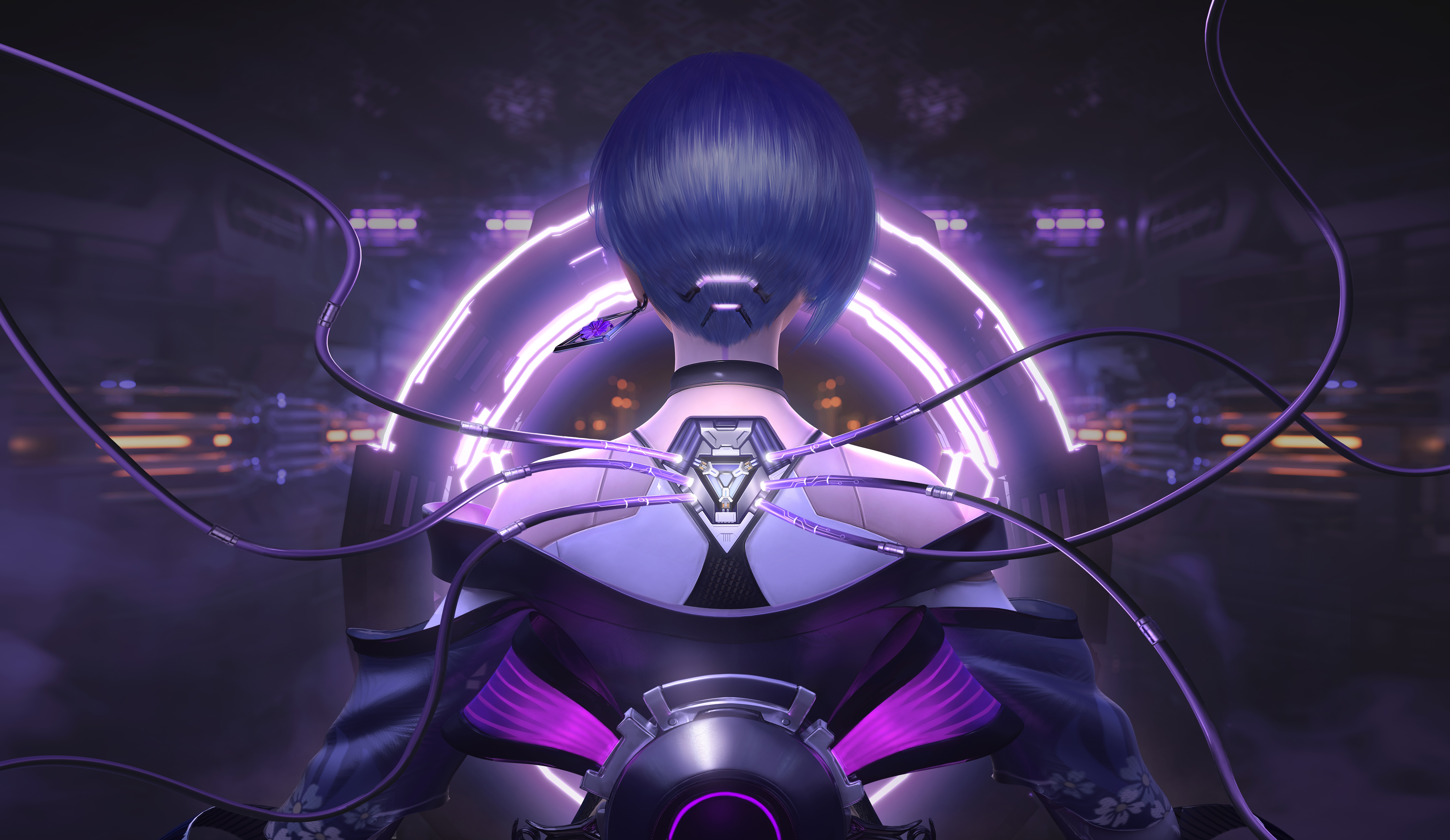 Cyber Hunter Artwork of a Woman with Purple Hair HD Wallpaper