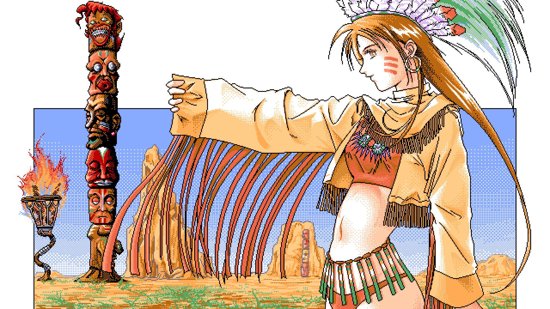 Native American woman with totem pole and bonfire HD Wallpaper