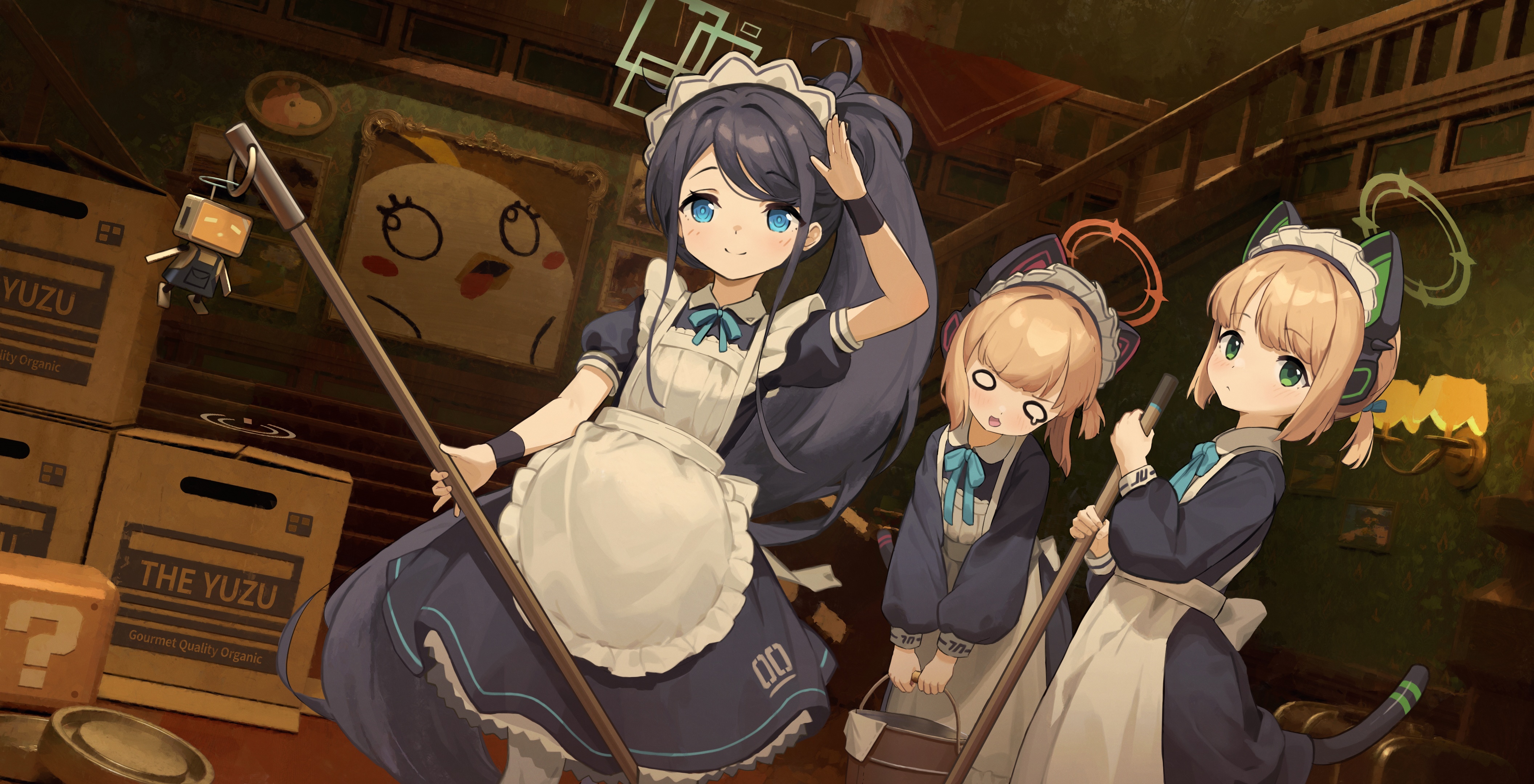 Blue Archive fan art: Maid girls with cat ears and tails HD Wallpaper