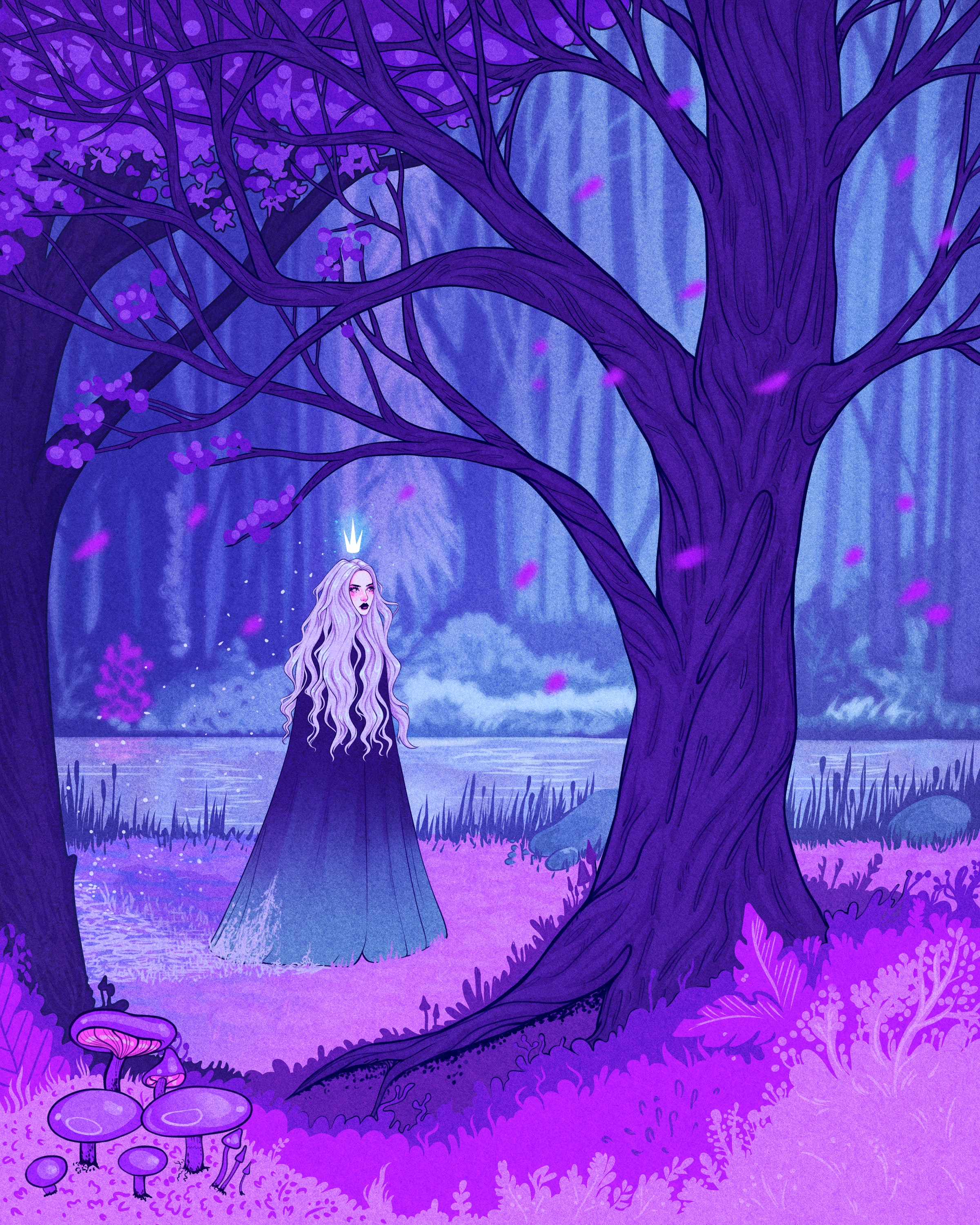 Fantasy girl with crown in a purple forest by Meowgress HD Phone Wallpaper