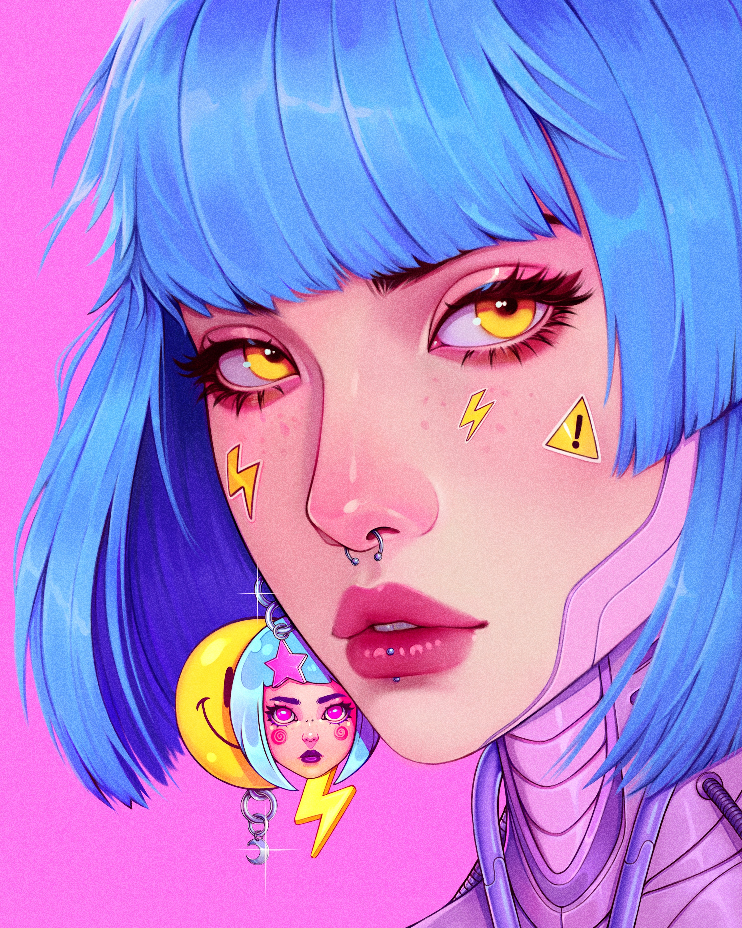 Meowgress with blue hair and yellow eyes HD Phone Wallpaper