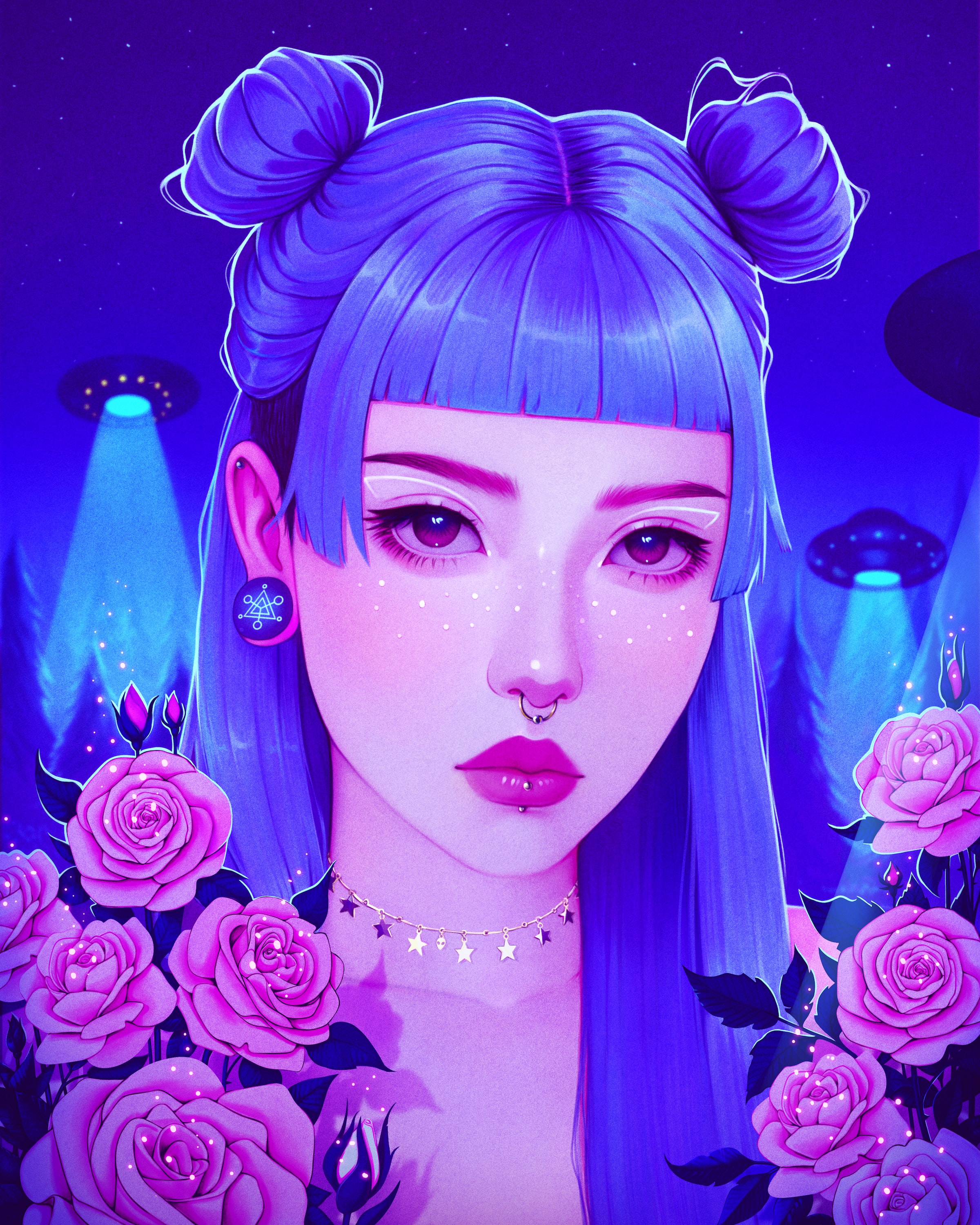 Woman with blue hair and UFOs in a starry night HD Phone Wallpaper