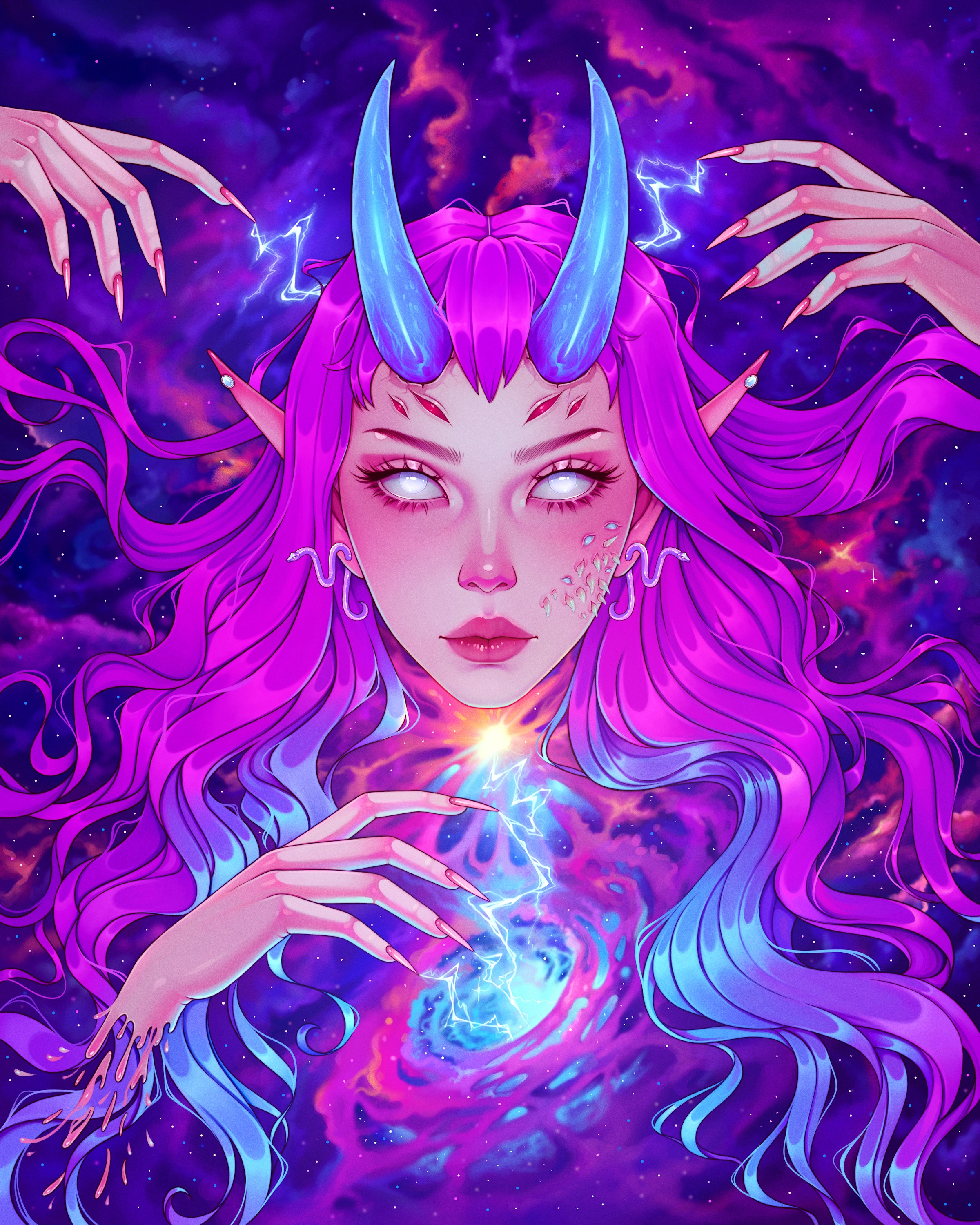 Woman with purple hair, horns, and white eyes in space HD Phone Wallpaper