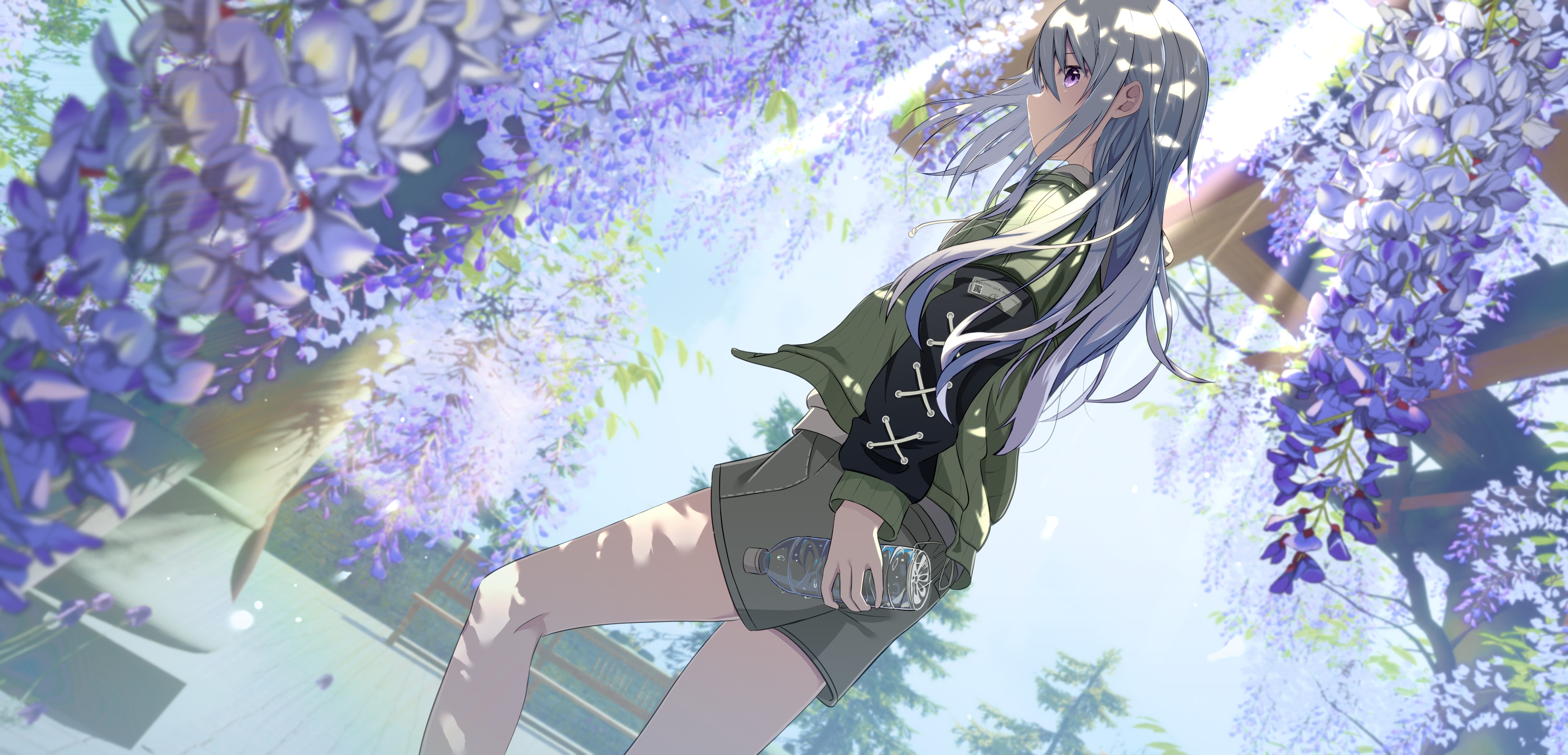 Girl with water bottle under wisteria flowers HD Wallpaper