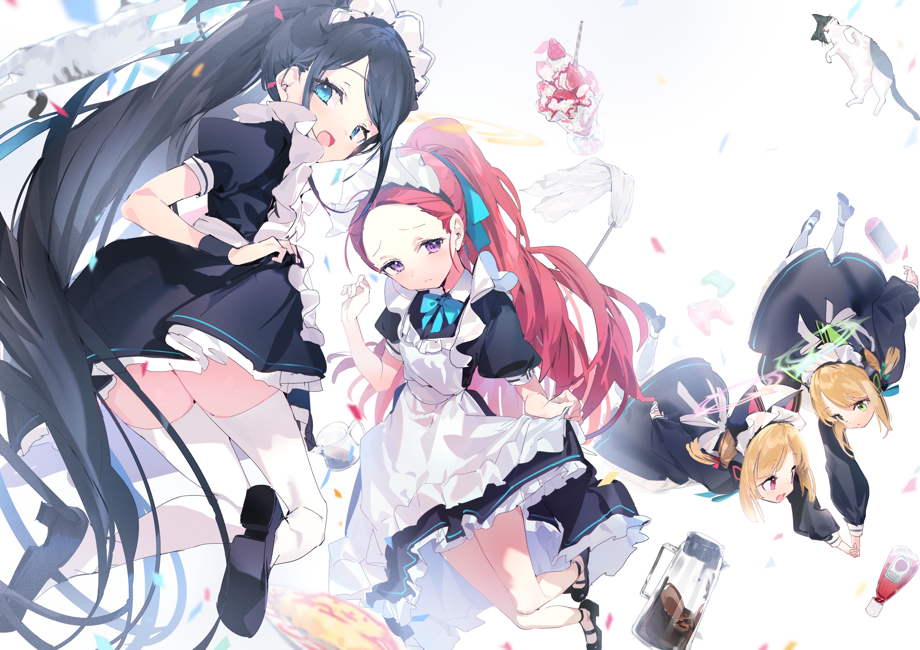 Blue Archive maids with sweets and a cat HD Wallpaper