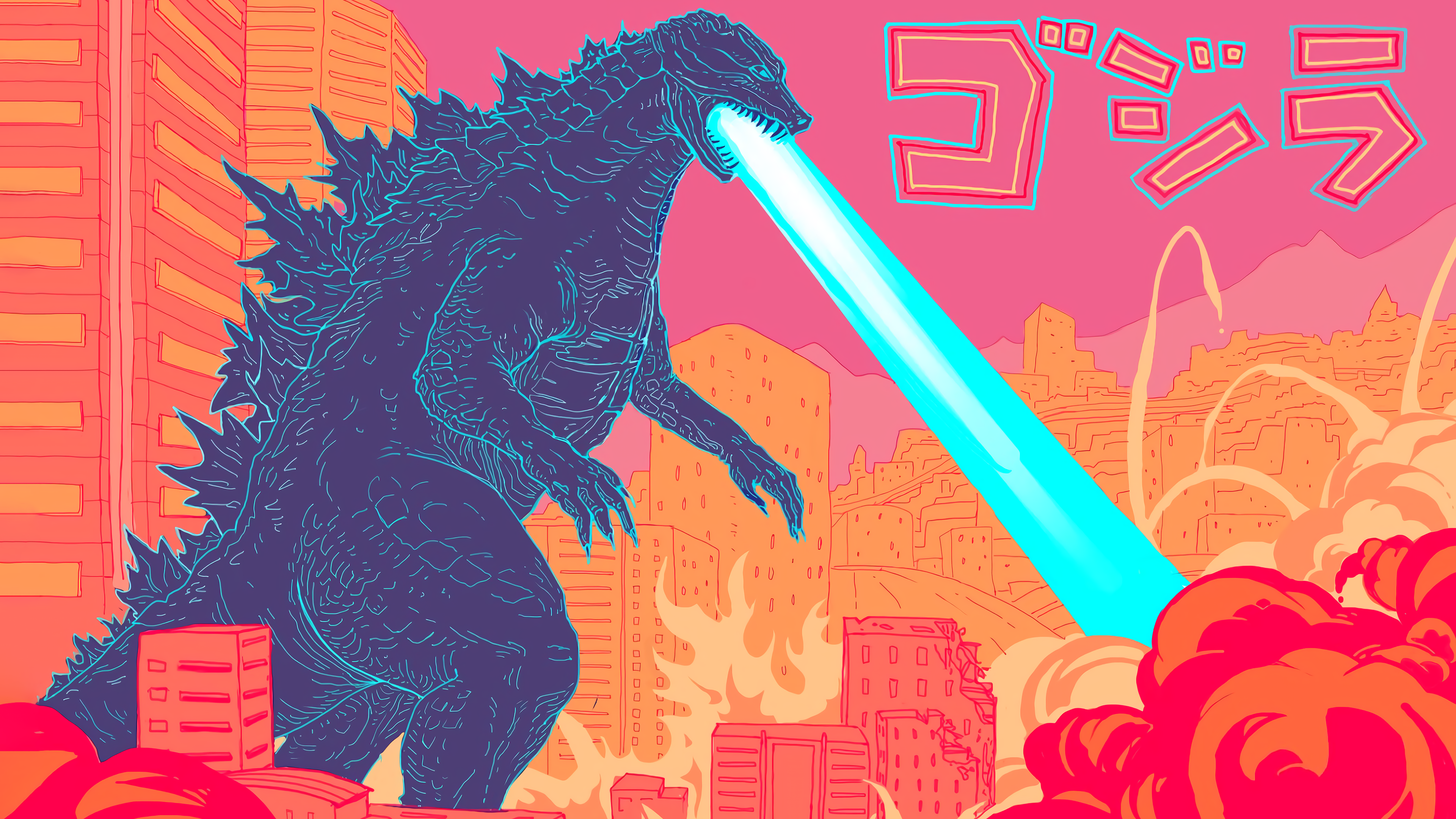 4K Godzilla Attacks City with Atomic Breath HD Wallpaper