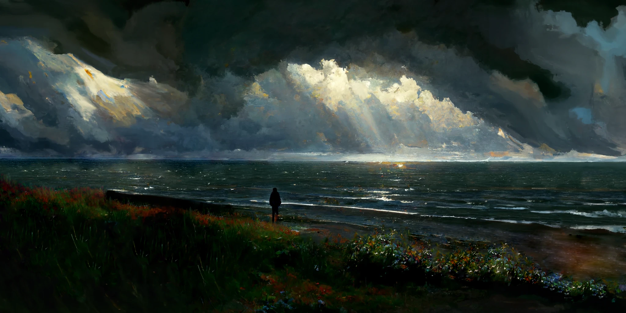 A lone figure stands on a beach under dramatic clouds HD Wallpaper