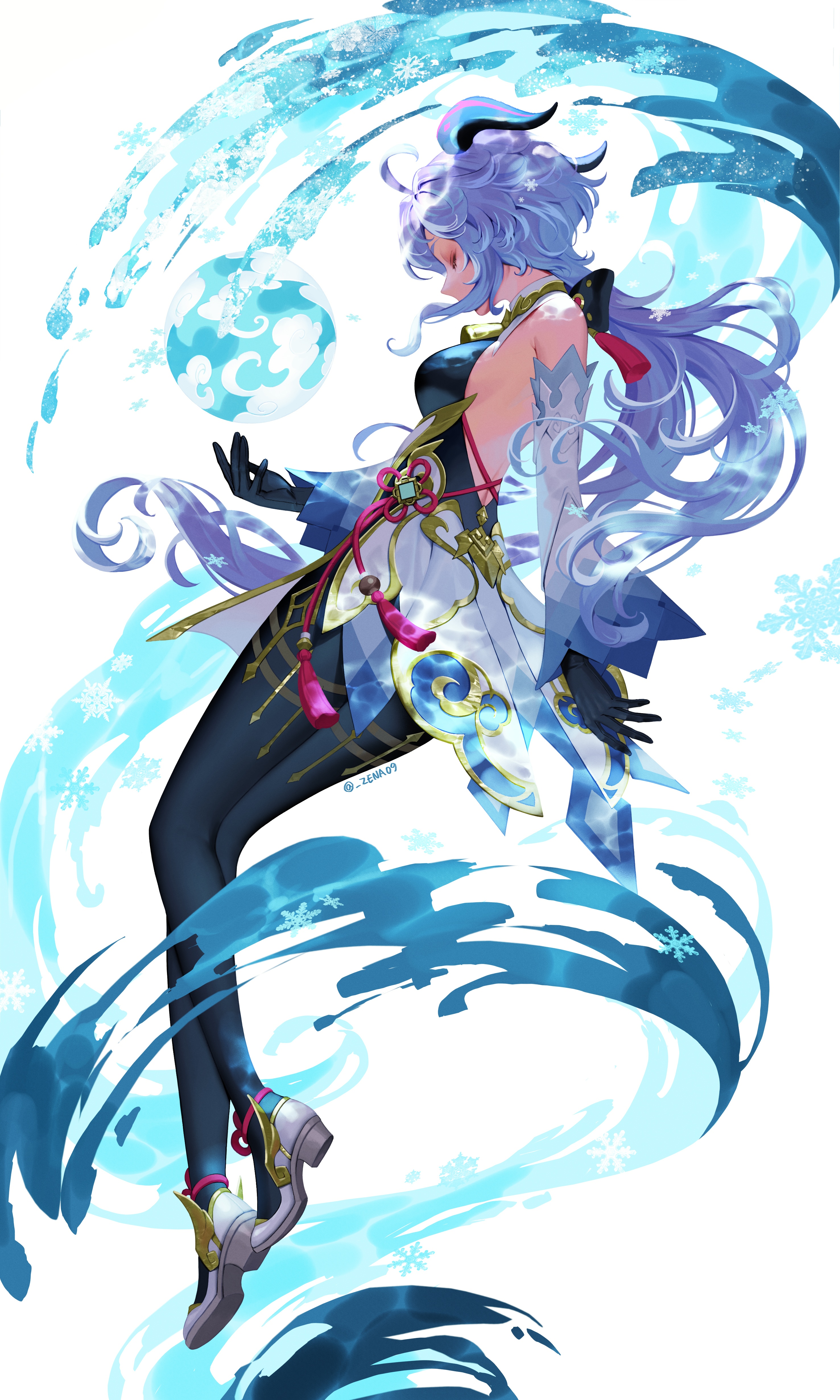 Ganyu from Genshin Impact with blue water and snowflakes HD Phone Wallpaper