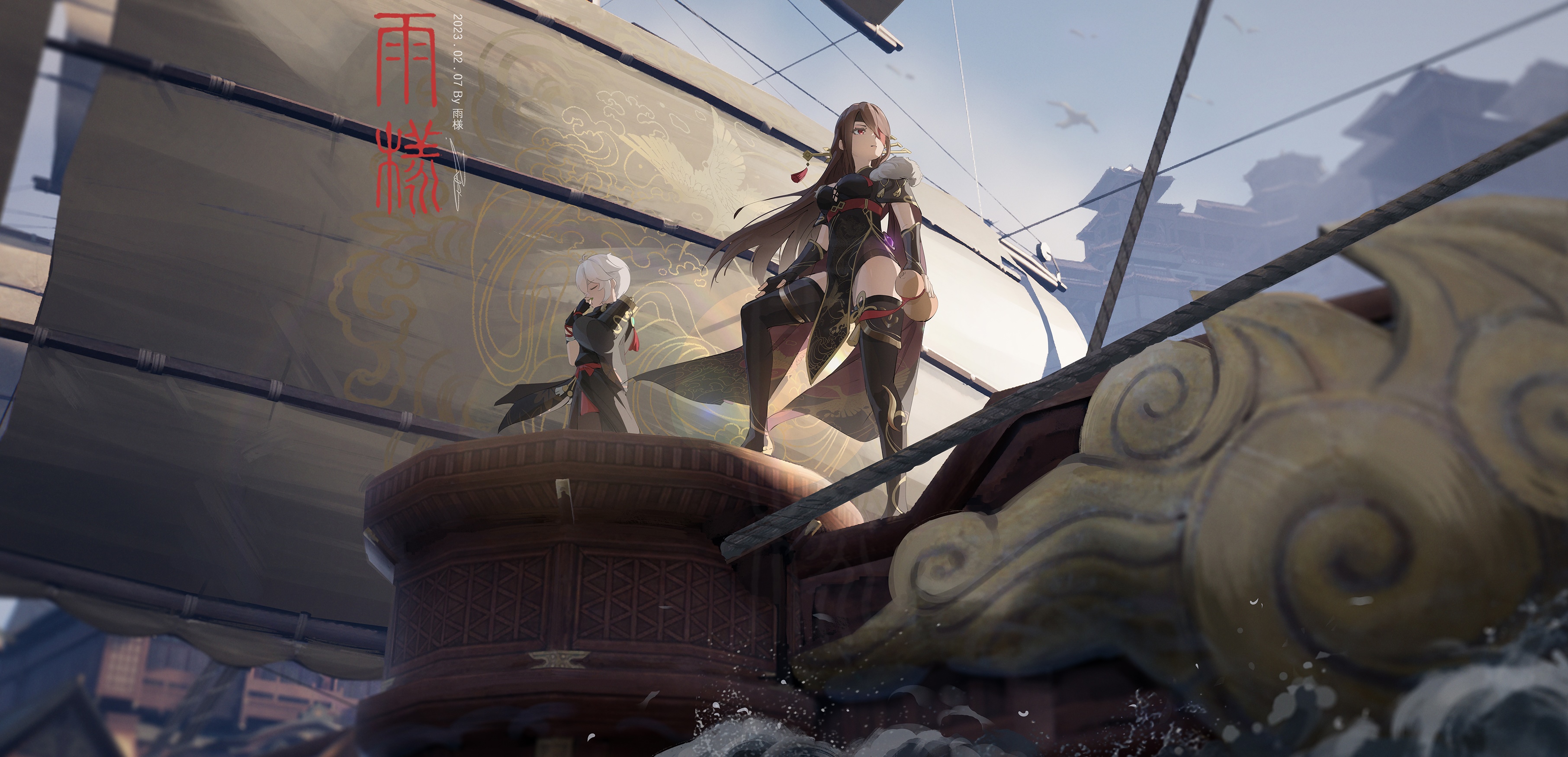Two characters on a ship with sails HD Wallpaper