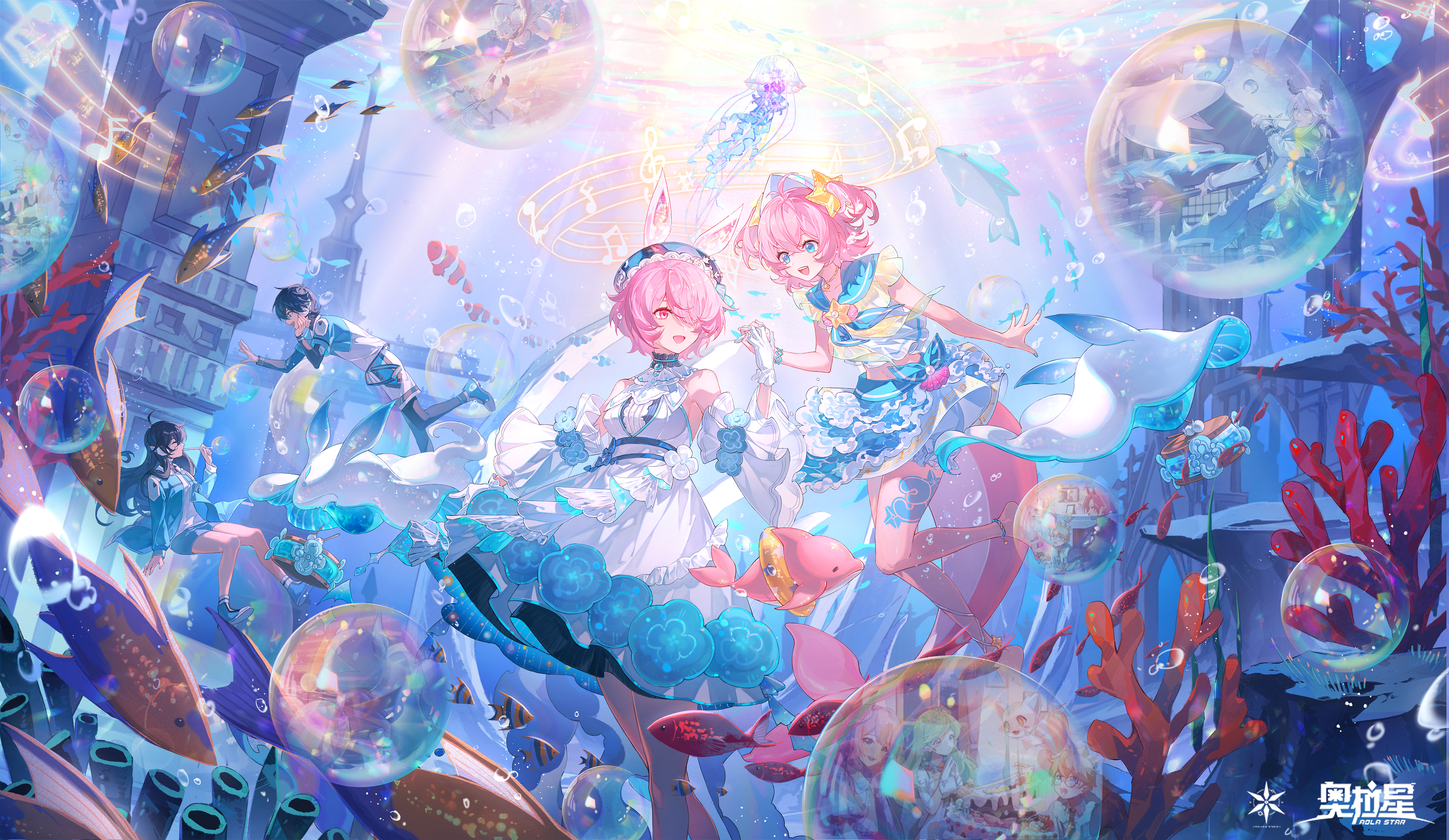 Anime girls and boys underwater with fish and coral HD Wallpaper