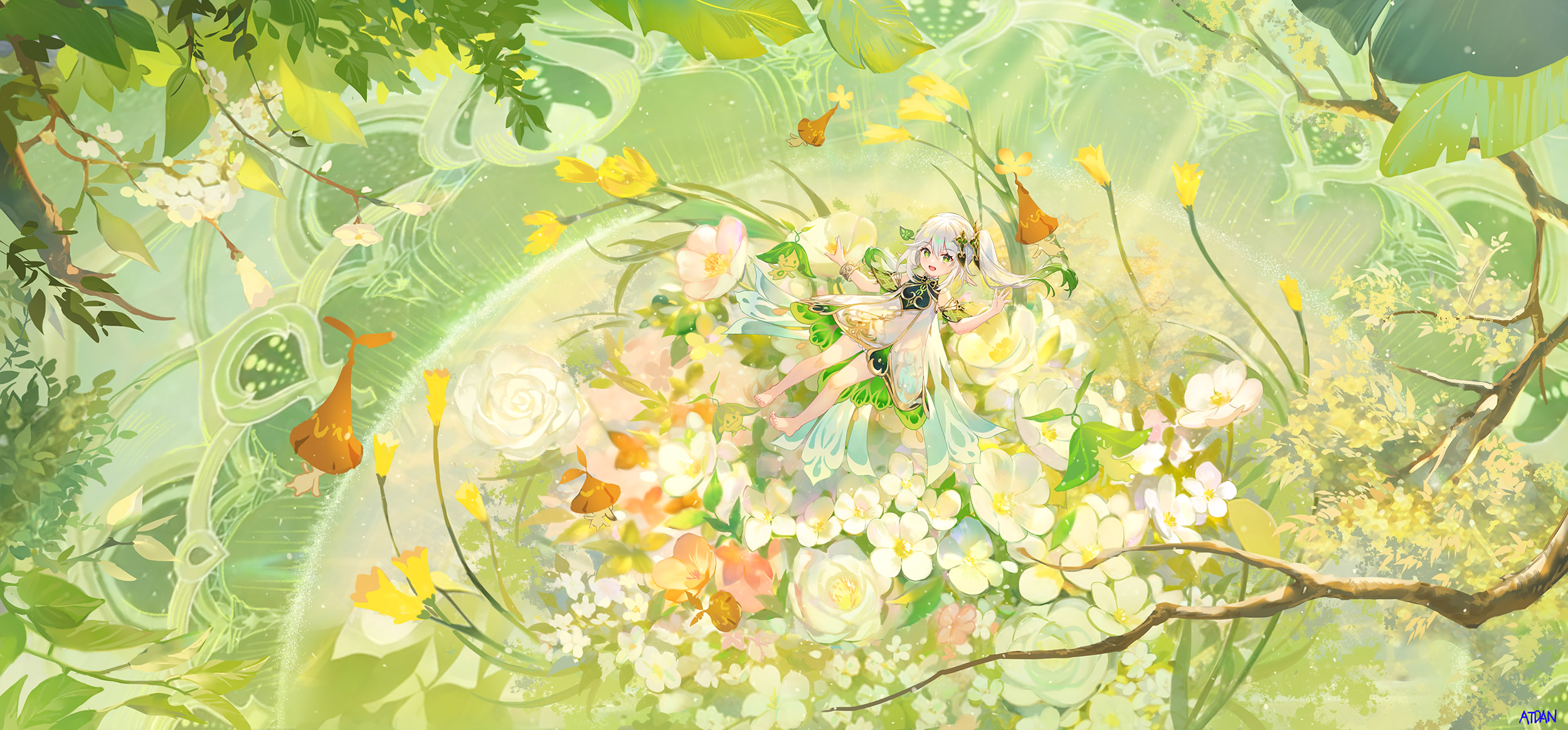 Nahida in a bed of flowers with creatures HD Wallpaper