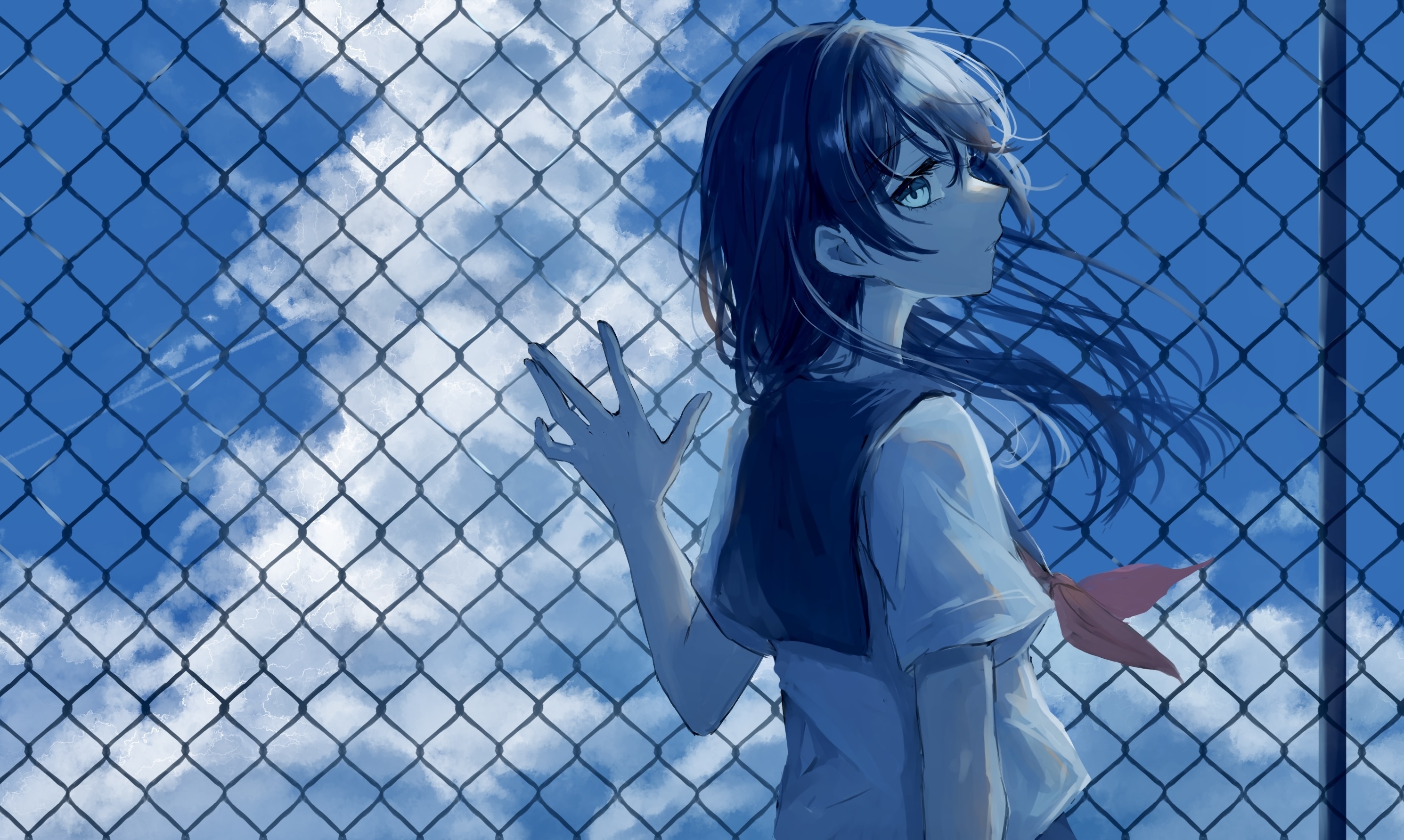 Anime girl with blue hair and eyes behind a fence HD Wallpaper