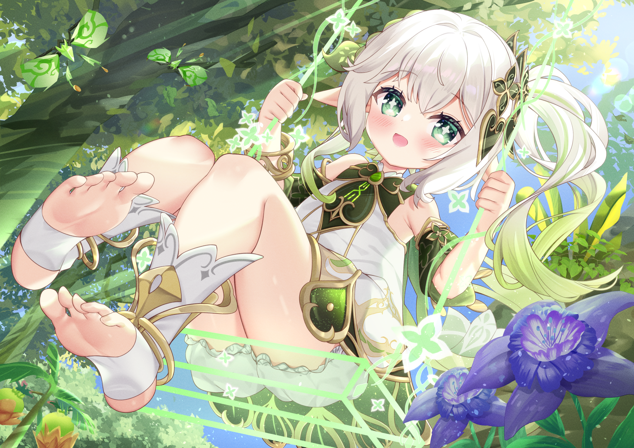 Nahida on a swing in a forest with flowers HD Wallpaper