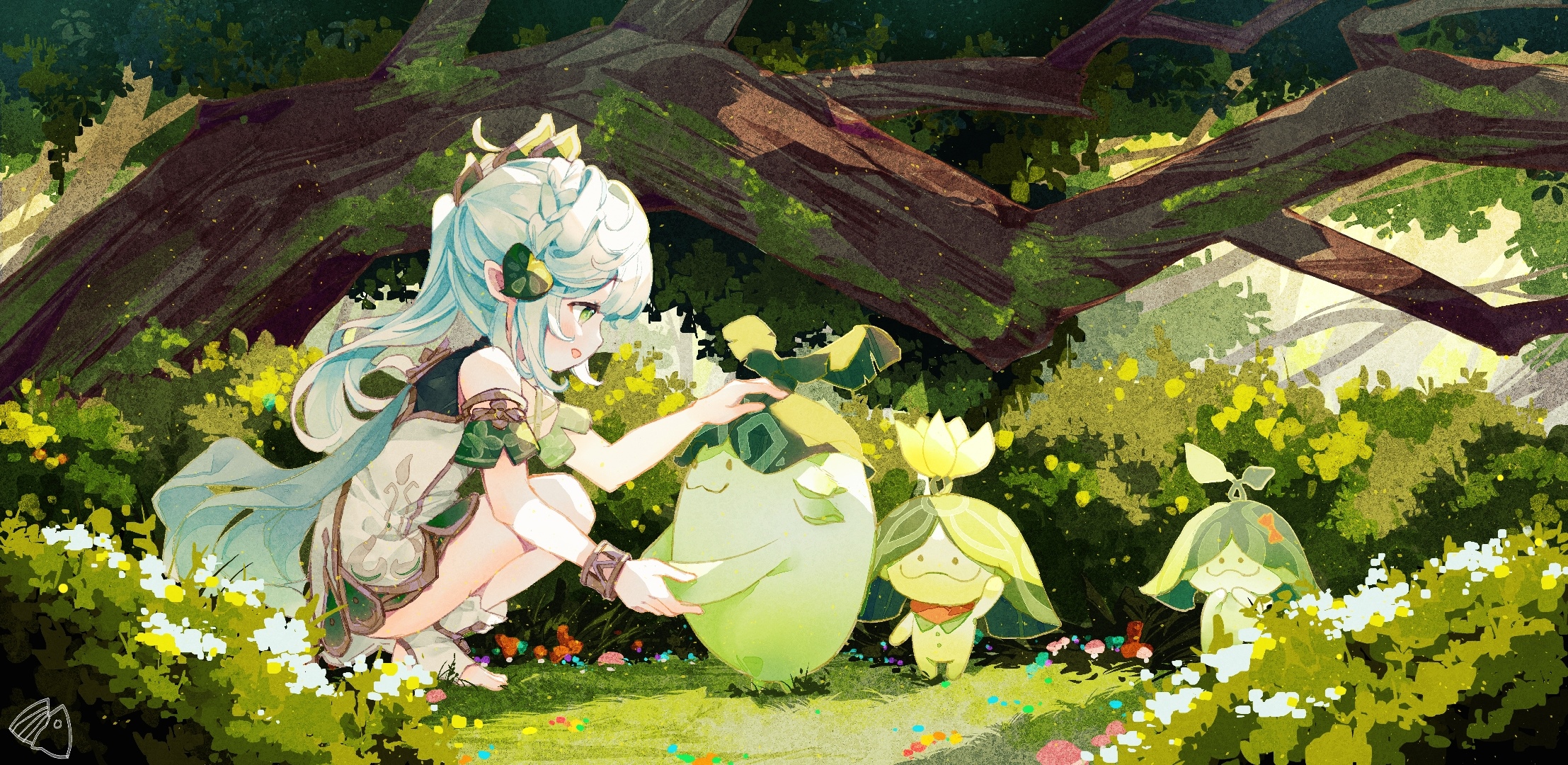 Nahida with creatures in a forest HD Wallpaper