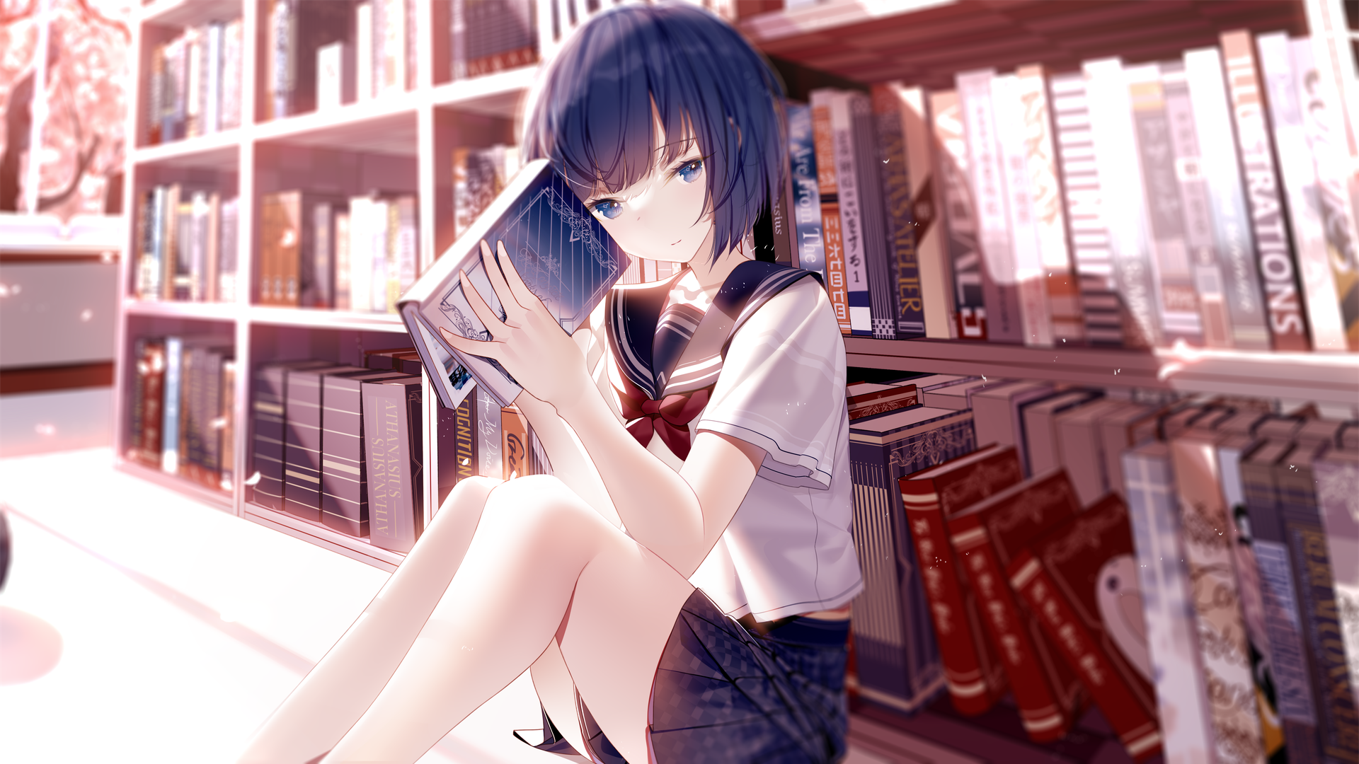 Schoolgirl reading a book in a library with sunlight HD Wallpaper