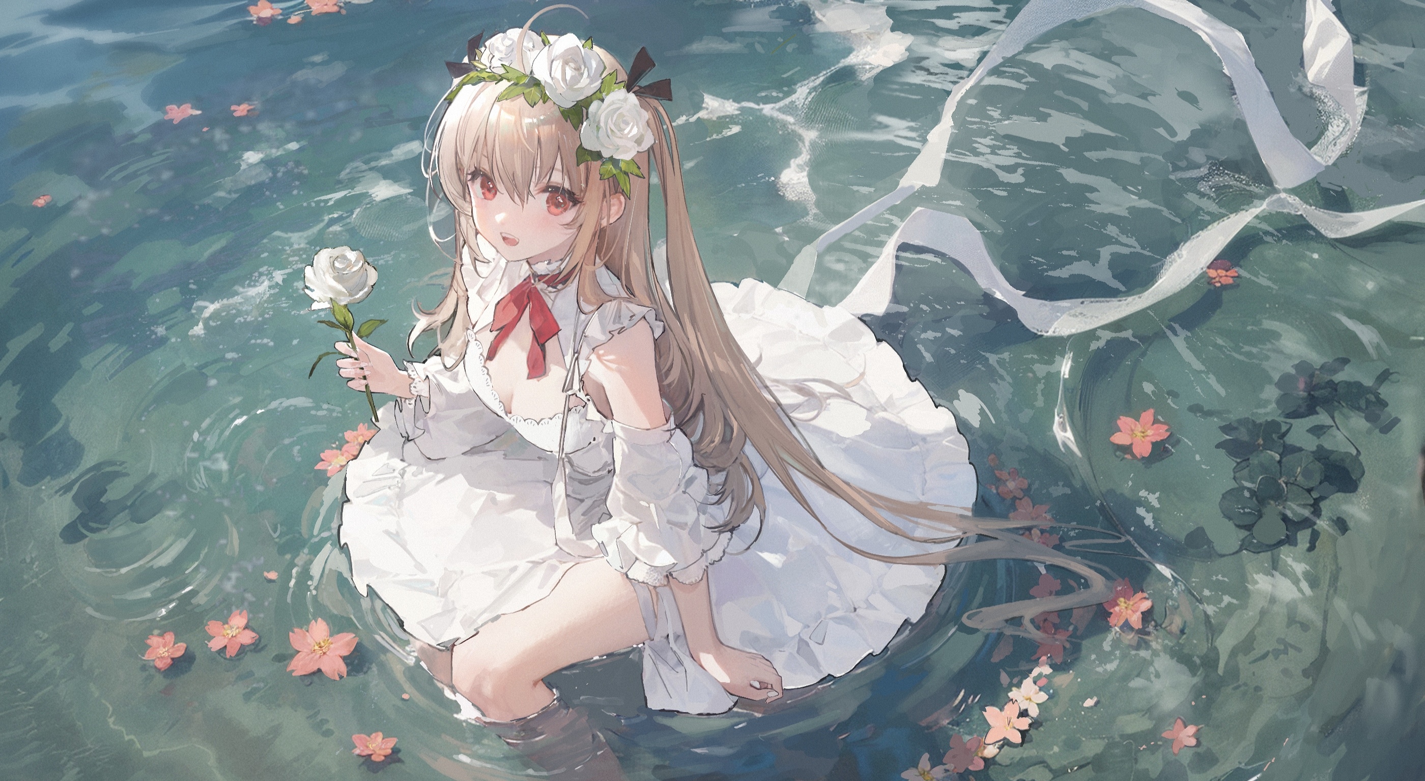 Anime girl with blonde hair and white dress in water with flowers HD Wallpaper