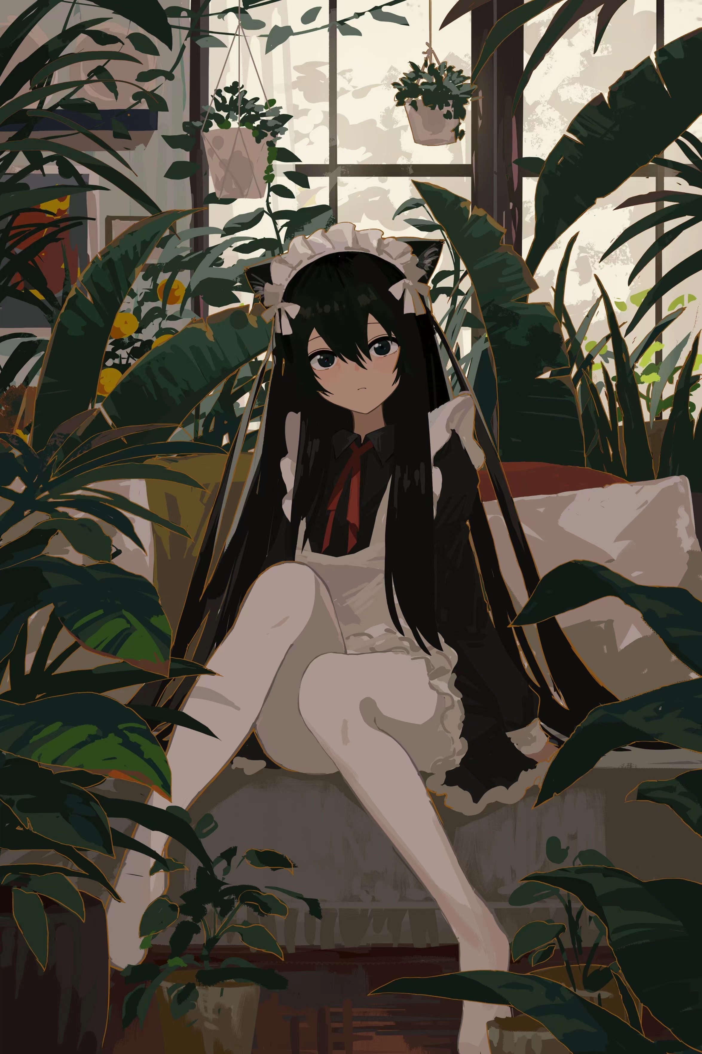 Cat girl maid sitting among plants near a window HD Phone Wallpaper