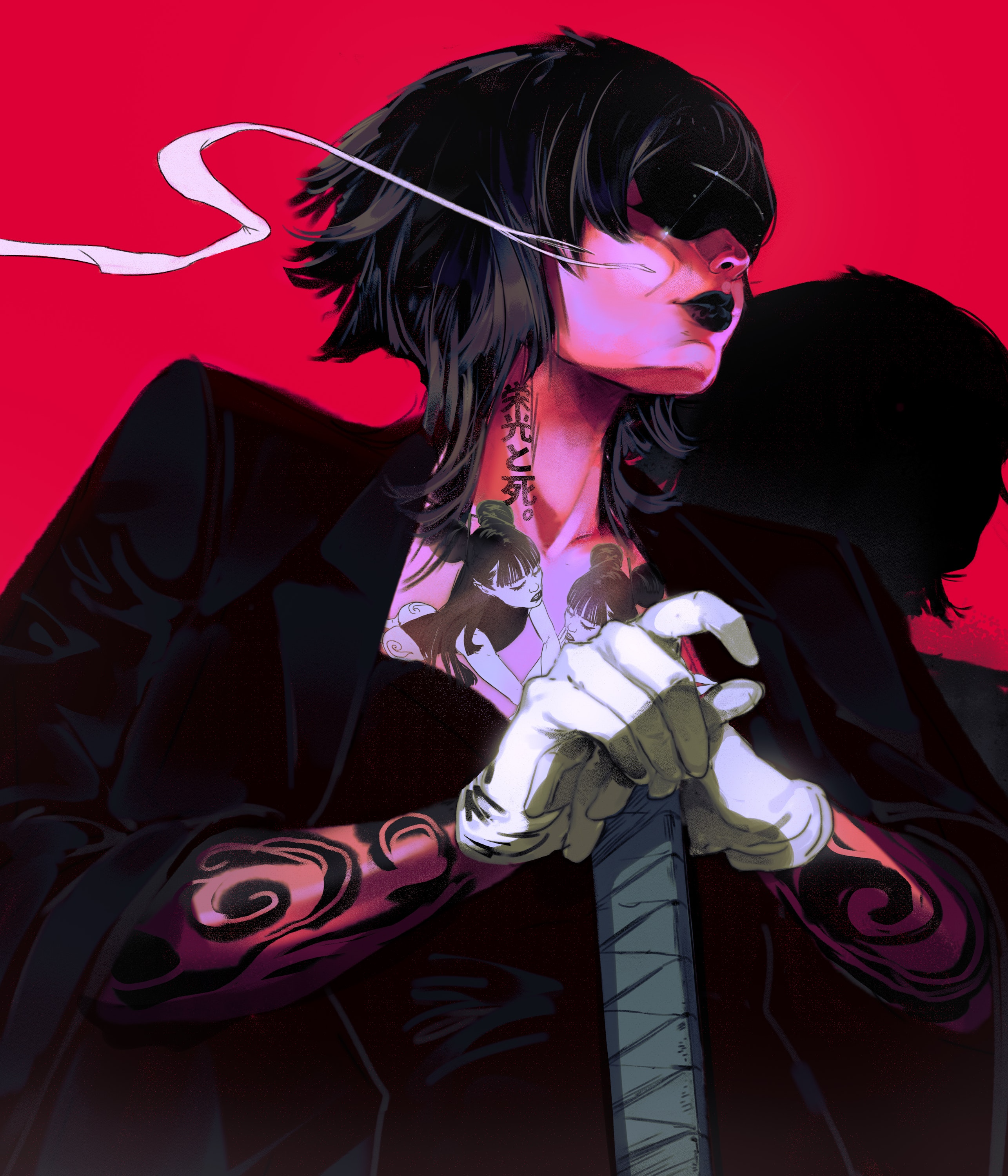 Woman with katana and tattoos on red background HD Phone Wallpaper