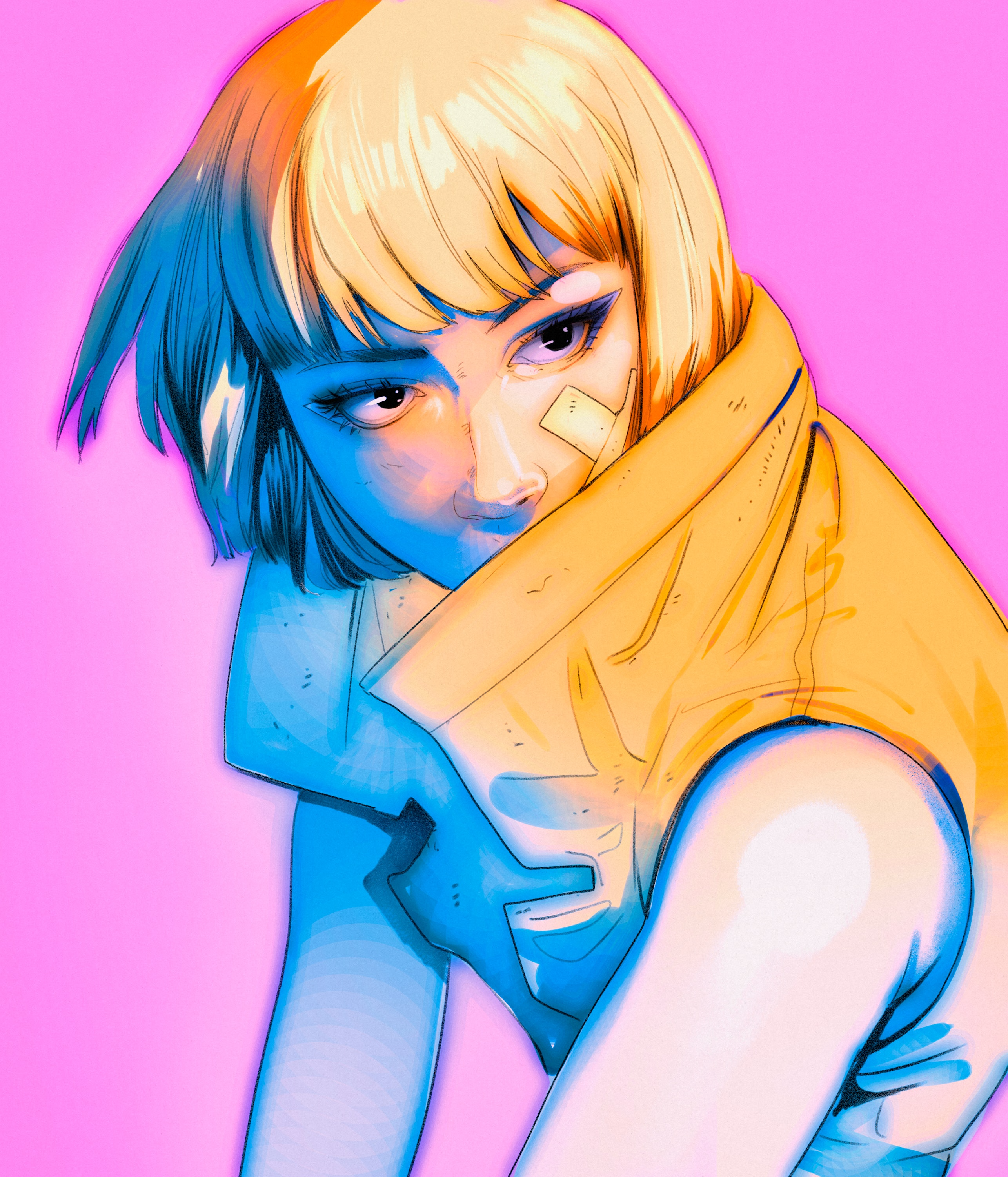 Artwork of a blonde woman with a Band-Aid HD Phone Wallpaper