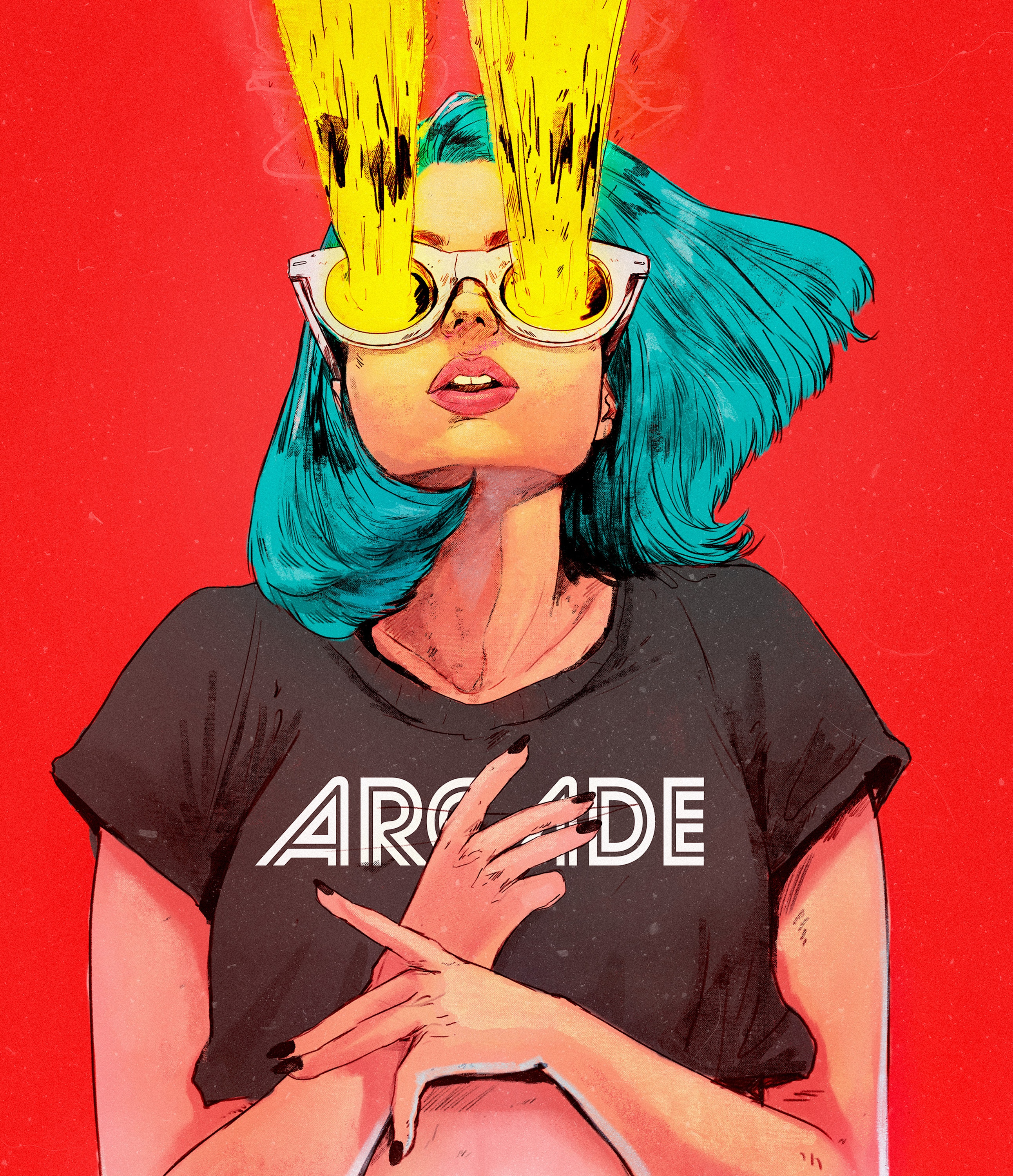 Woman with teal hair and "ARCADE" shirt HD Phone Wallpaper