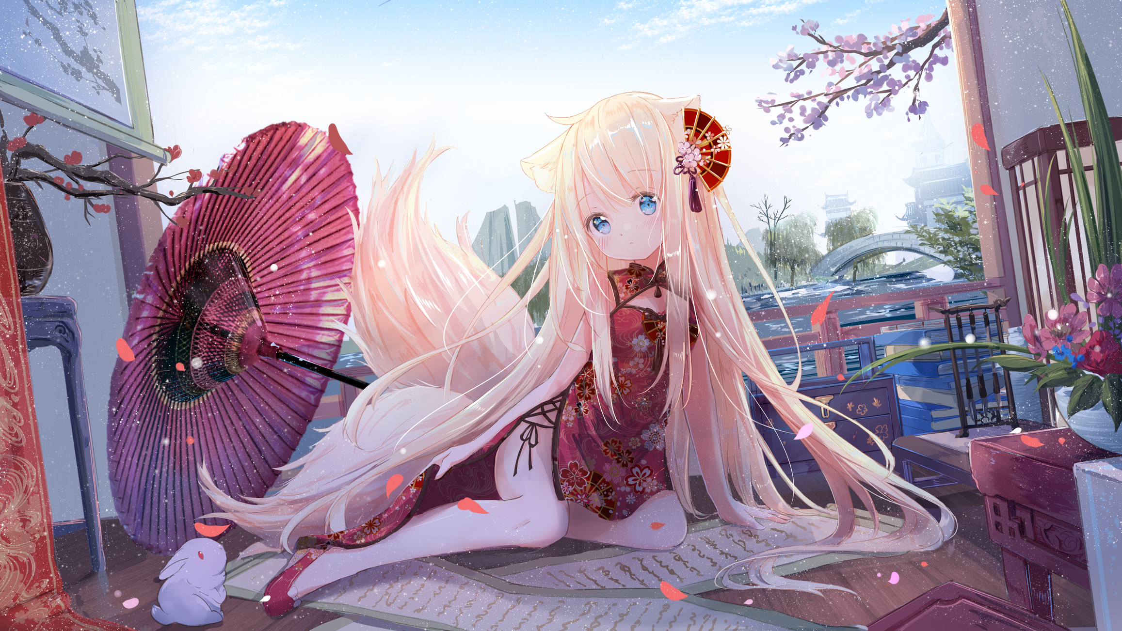 Fox girl in Chinese dress with umbrella and rabbit HD Wallpaper