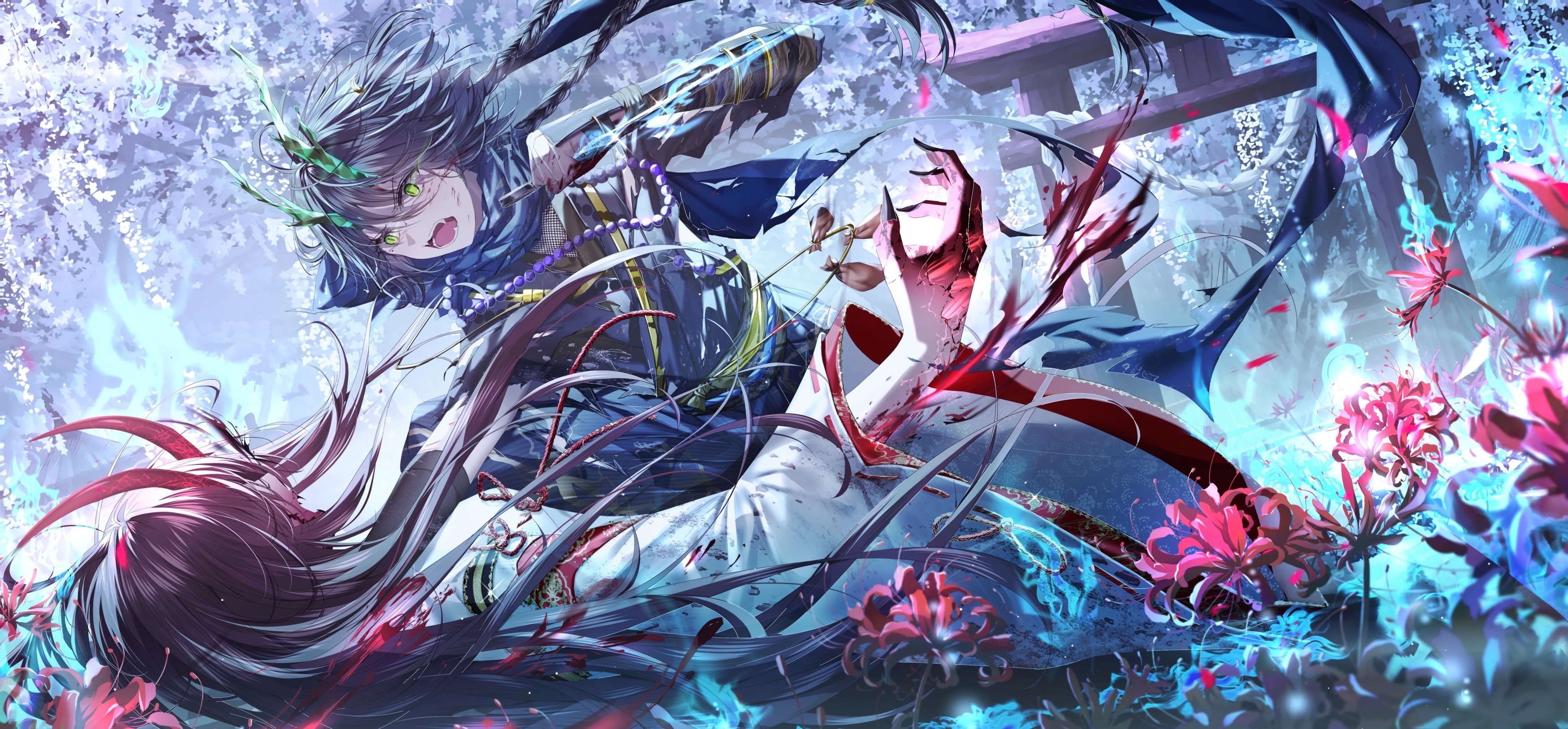 Anime boys fighting with weapons near torii and flowers HD Wallpaper