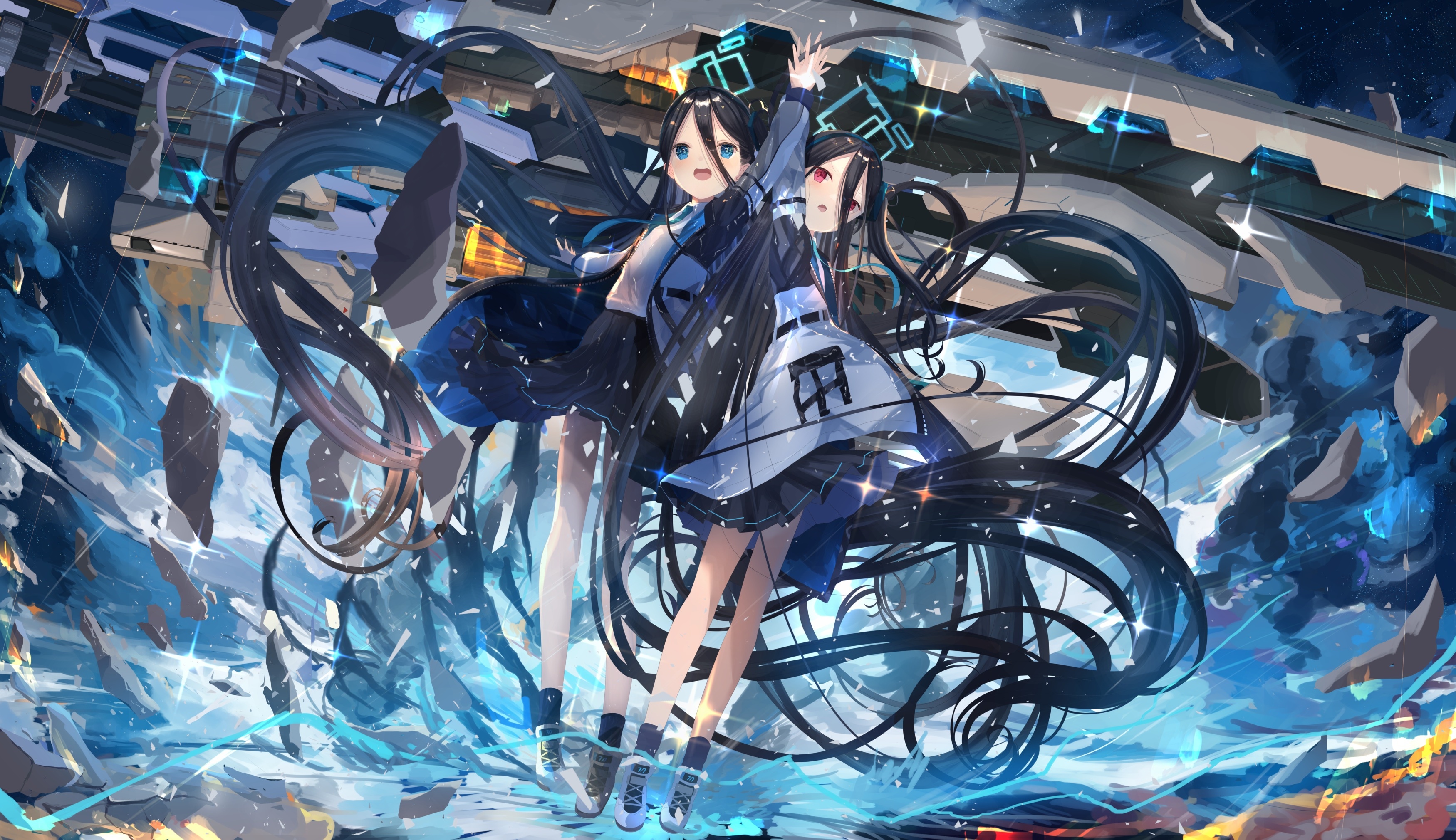 Blue Archive: Two women with long black hair and a spaceship HD Wallpaper