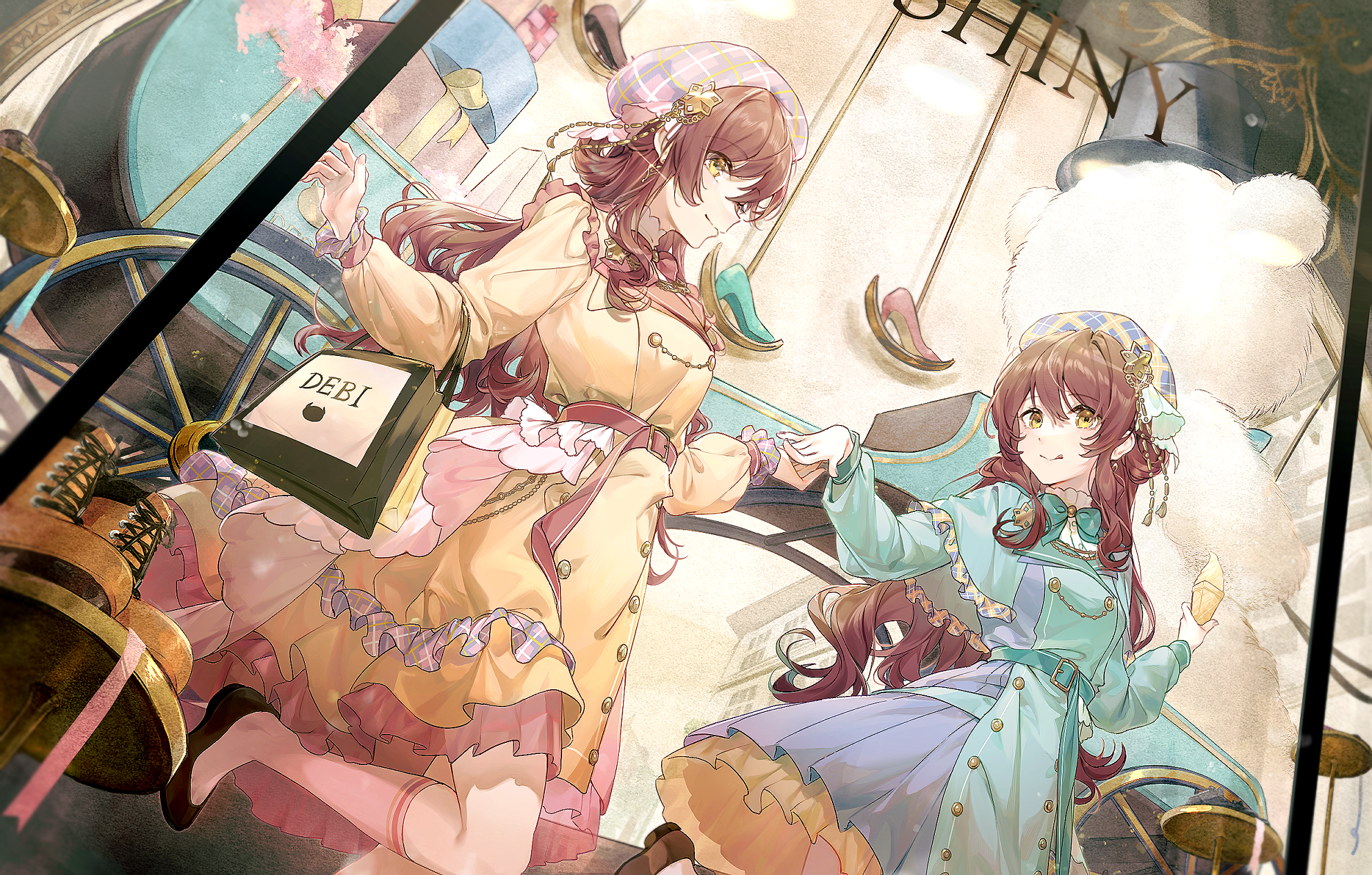 Two anime girls with brown hair and hats HD Wallpaper