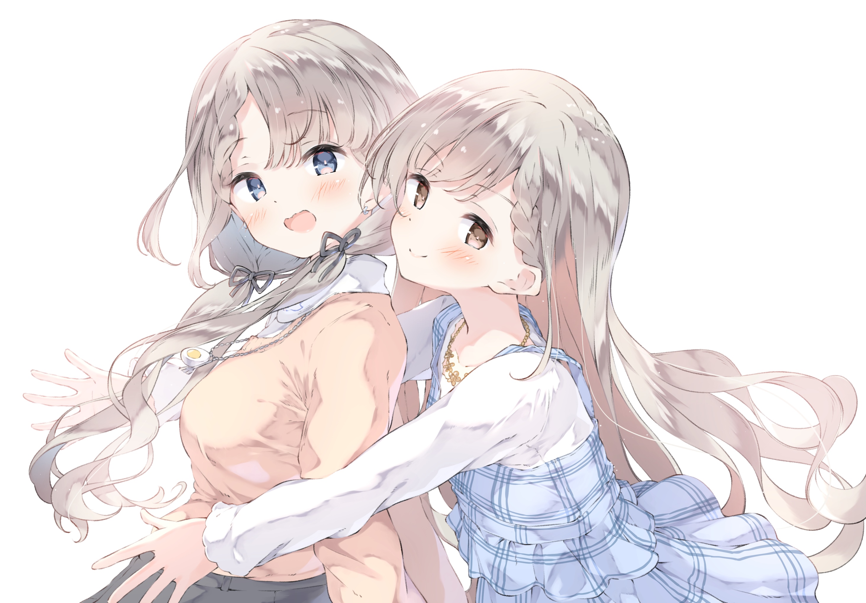 Two anime girls hugging on a white background HD Wallpaper