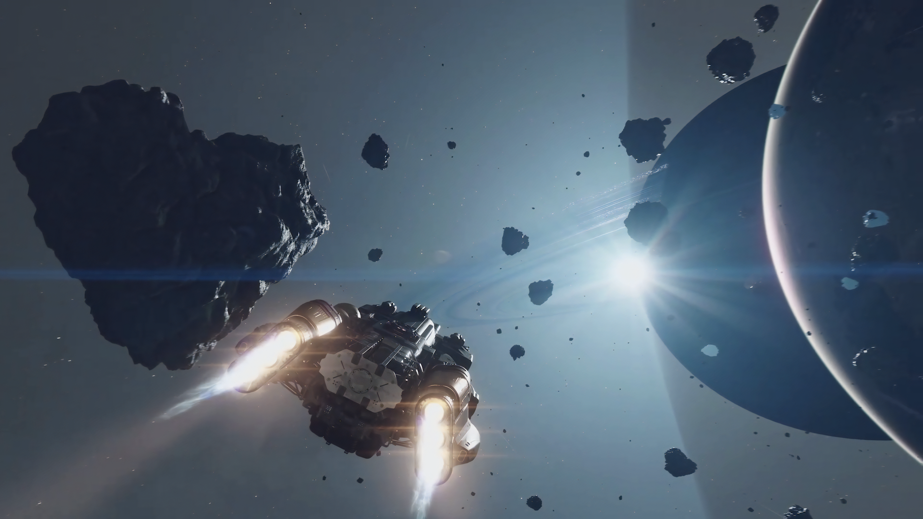 4K Starfield Spaceship in Asteroid Field near Planets HD Wallpaper