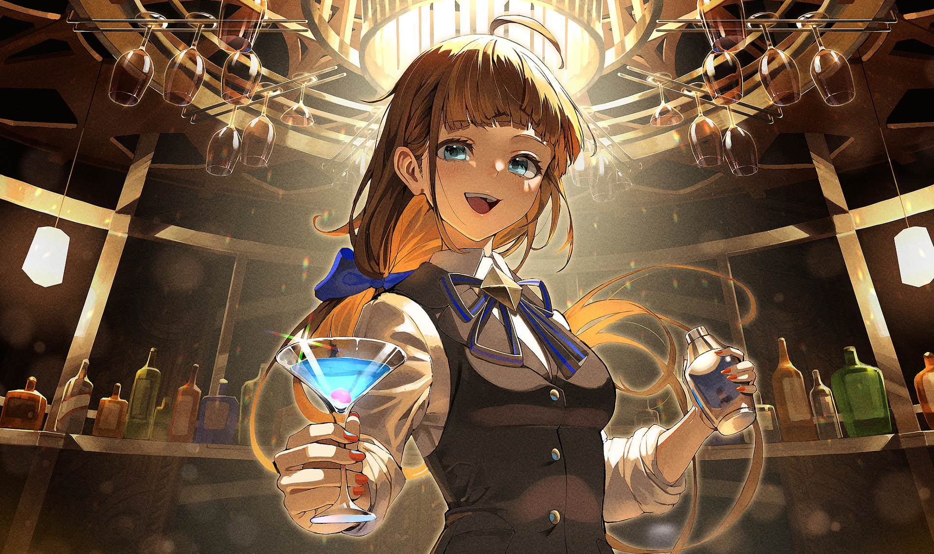 Bartender serving a blue cocktail at a bar HD Wallpaper