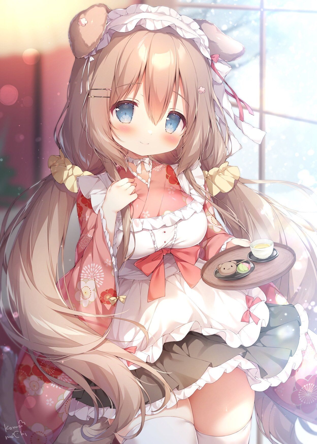 Anime girl with animal ears in a maid outfit holding tea HD Phone Wallpaper