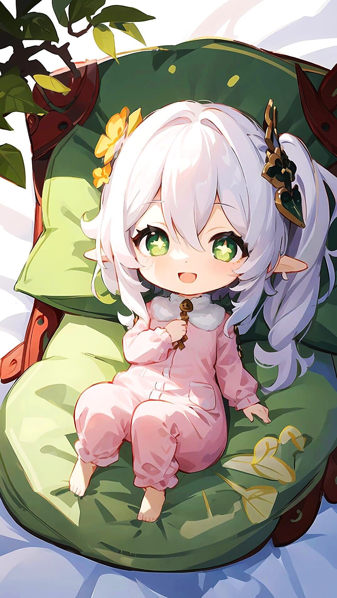 Nahida in pink pajamas sitting on a green cushion HD Phone Wallpaper