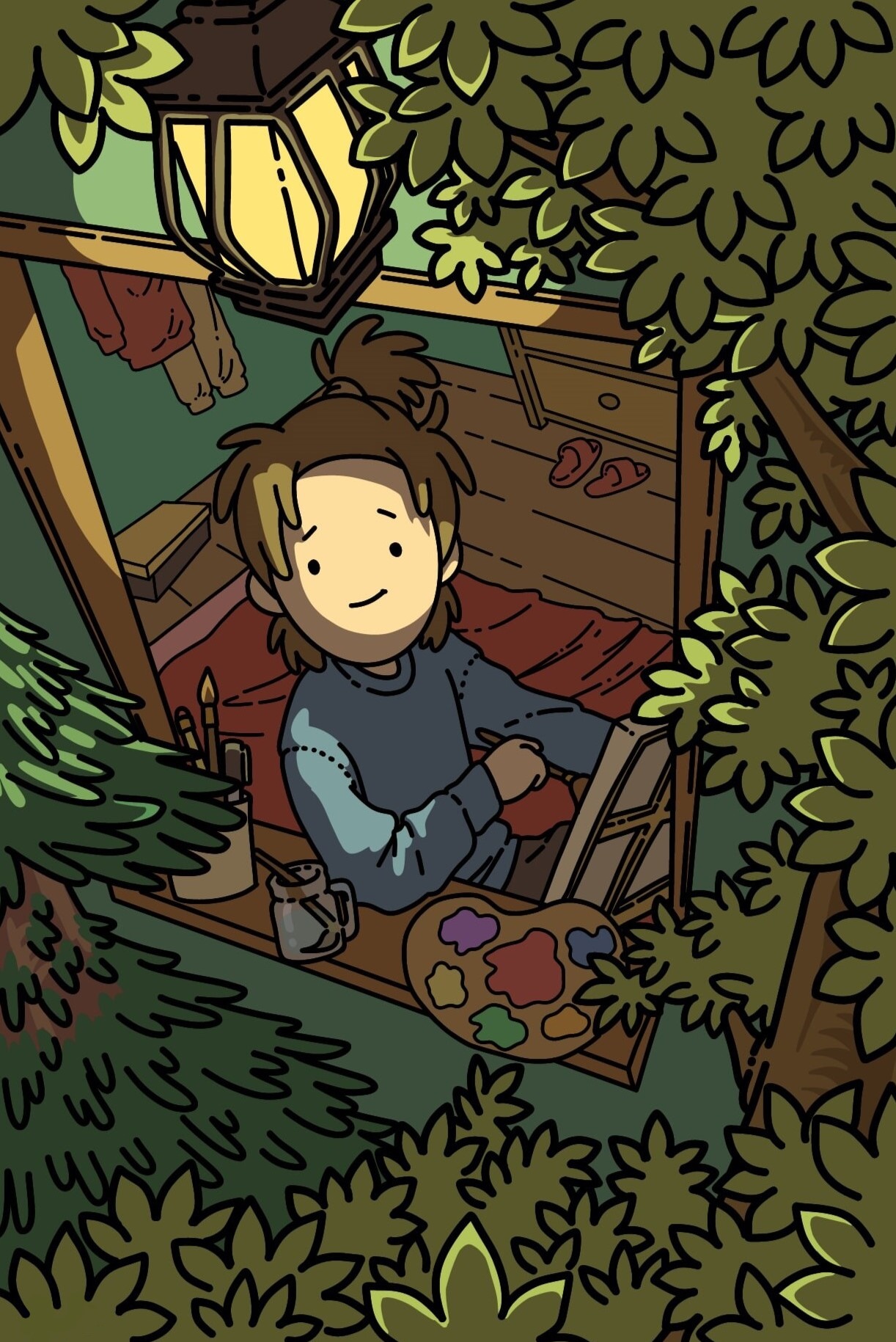 Artist painting in a treehouse at night HD Phone Wallpaper